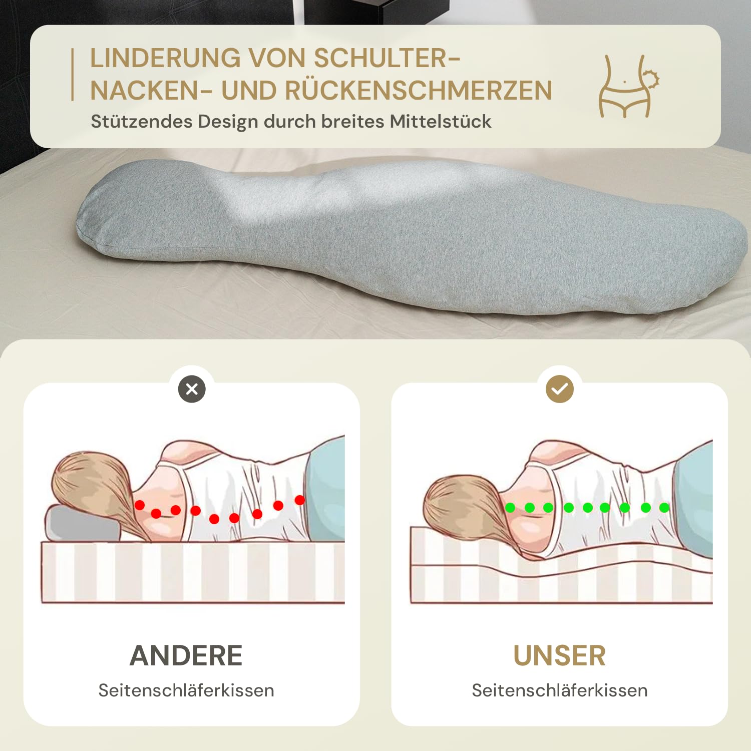 ergonomisches Seitenschläferkissen - entlastet Schulter, Rücken & Hüfte - individuell befüllbar - für alle Seitenschläfer & Schwangere - 100% Baumwolle, waschbar & Oeko-TEX (Grau)