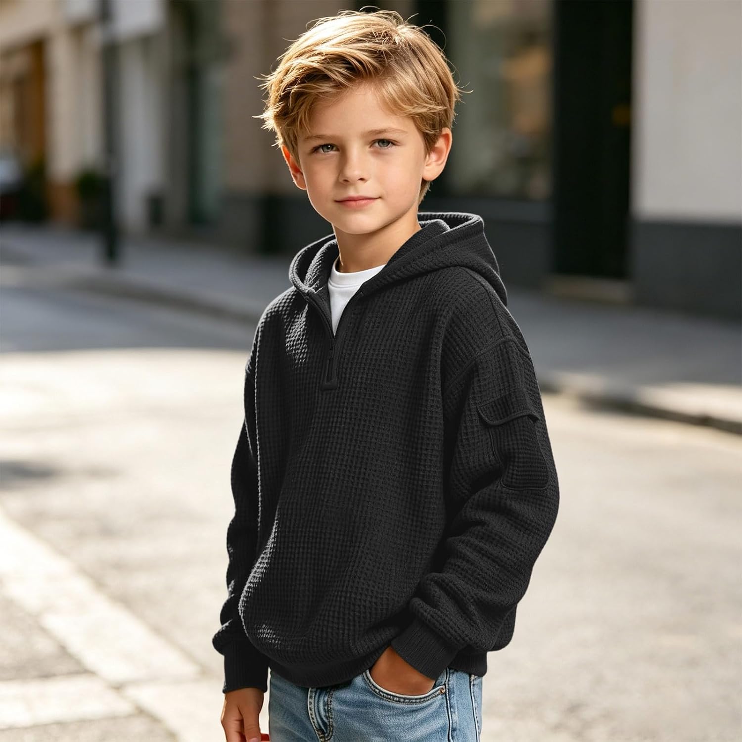Boys Waffle Half Zip Hoodie Fleece Pocket Sweatshirt Top