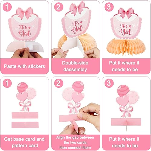 Vista 5 de 12 centros de mesa de nido de abeja con lazo rosa para baby shower, decoración de mesa en 3D para decoración de mesa en baby showers, revelaciones