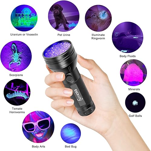 Miniatura 3 de Escolite - Linterna UV de luz negra, 51 LED de luz negra, detector de orina de mascotas para orina de perro y gato, luz azul para escorpiones,