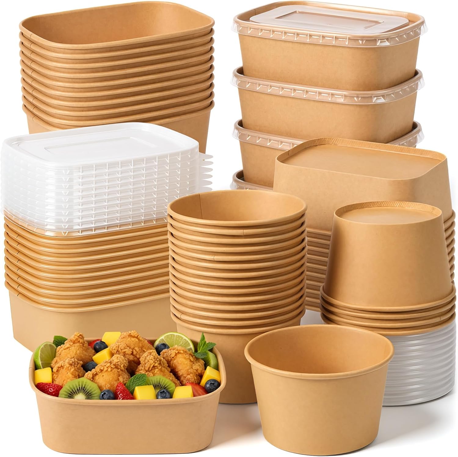 50 Pcs 30oz Round and 28oz Square Disposable Kraft Paper Bowls with Lids, Meal Prep Containers Disposable Large Food Soup Christmas Take out Serving Bowls, Microwave Safe for Hot/cold Food