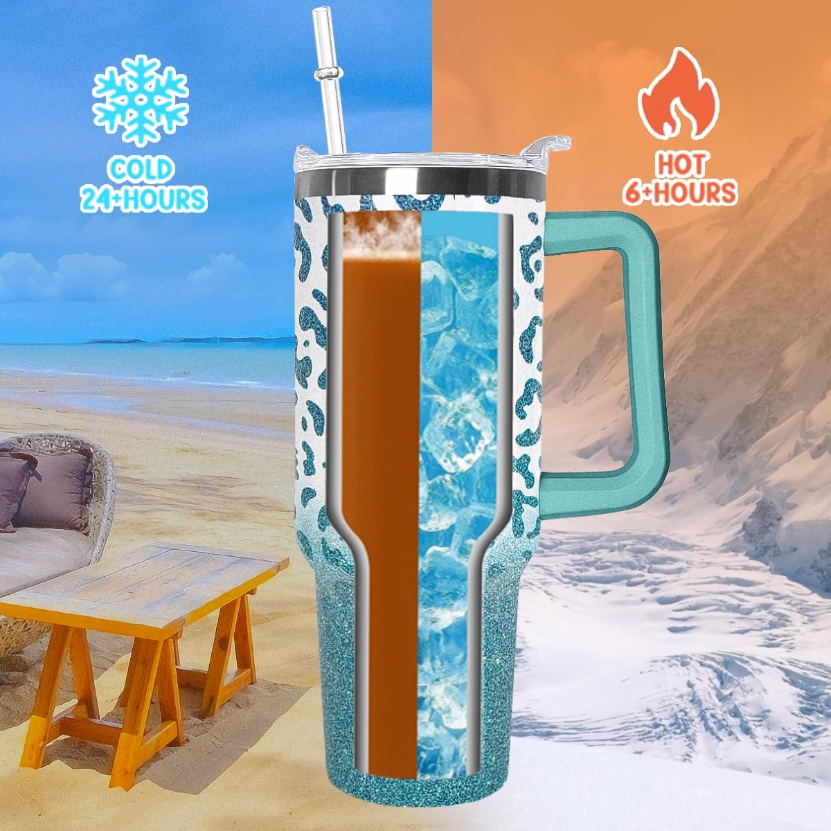 Leopard Tumbler Mint Tumbler 40 oz Leopard Print Gifts for Women Mint Green Cups Coffee Travel Mug with Handle Leak Proof Insulated Cheetah Lover Decor Stuff - Image 3