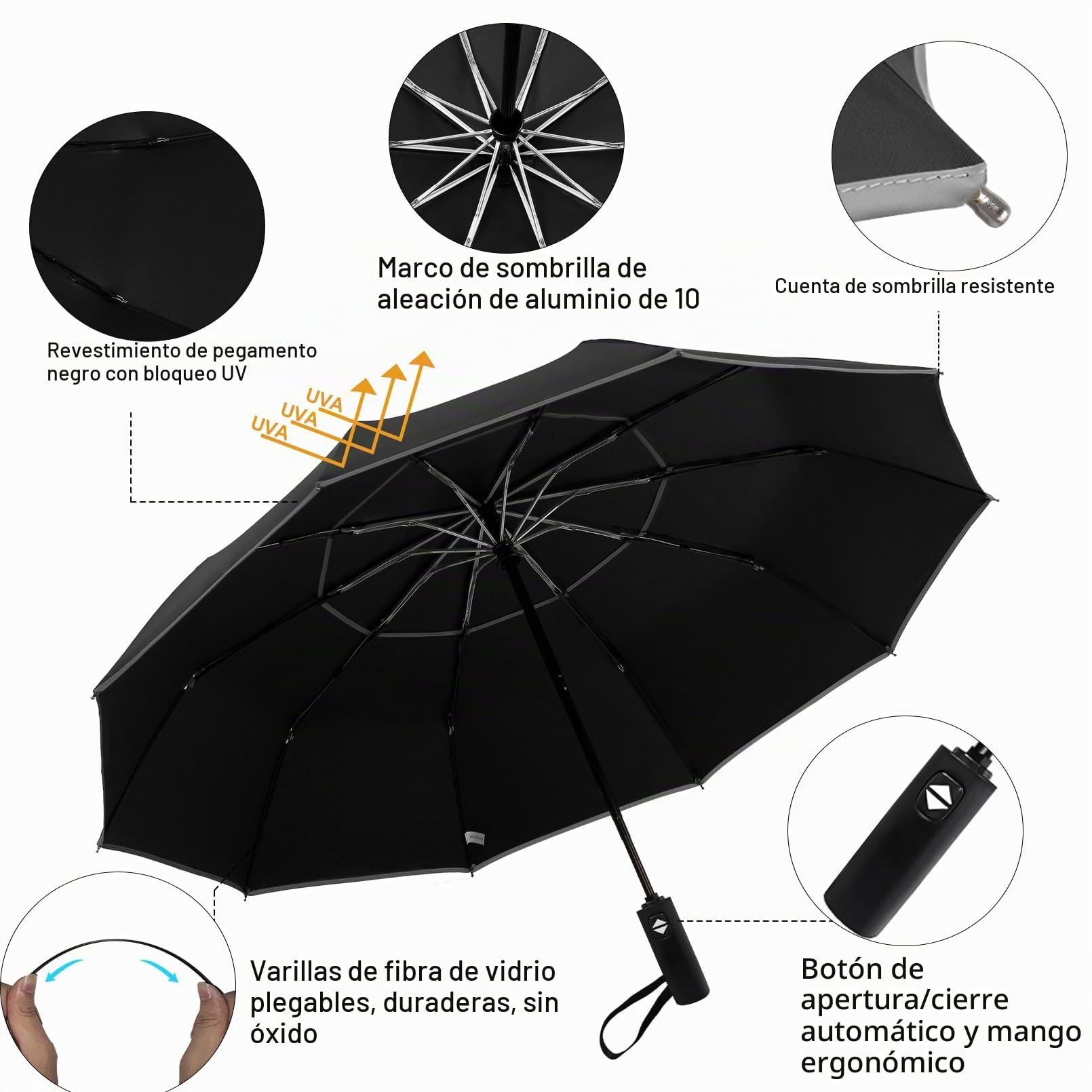 Satol Paraguas de golf automático, resistente al viento, con doble techo y 10 puntales de aluminio, paraguas plegable XXL (diámetro 137 – 157 cm) con bandas reflectantes, para lluvia y sol, negro y