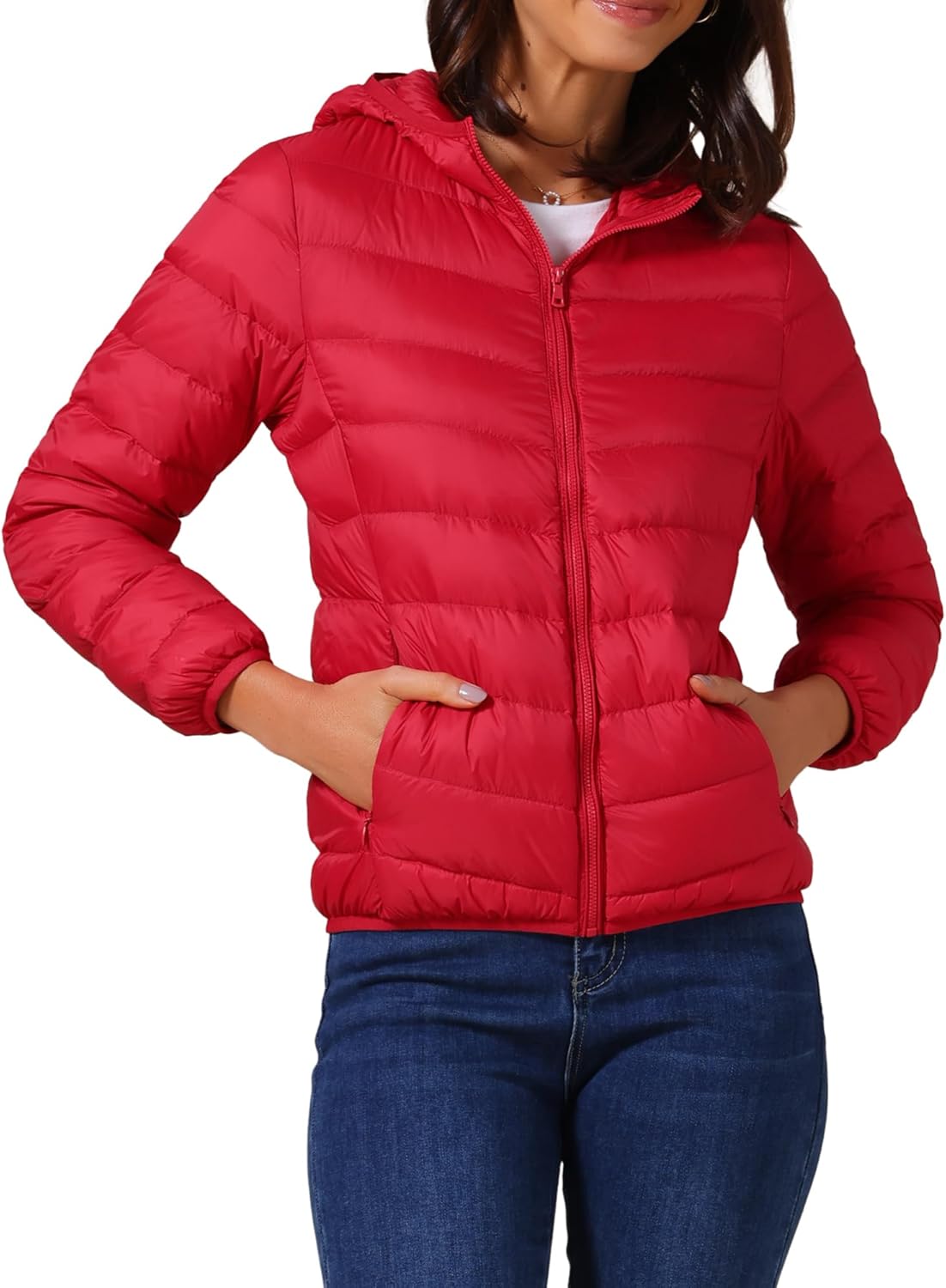 Allegra K Women's Packable Puffer Jacket Short Down Coat Hooded Winter Ultra Light Jackets Outerwear
