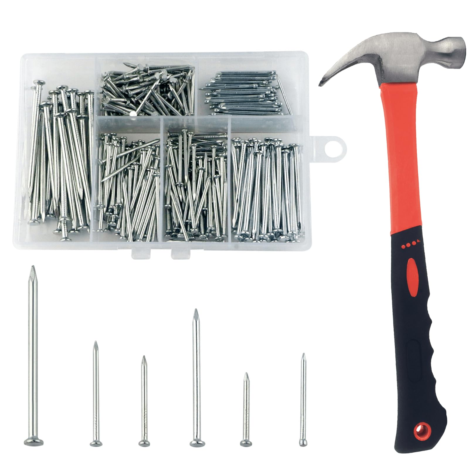 SBRRAIL Small Nails Assortment Kit with 8oz Small Hammer, 400PCS Long Wall Nails for Hanging Pictures, Finishing, String Art, Drywall, Hammer and