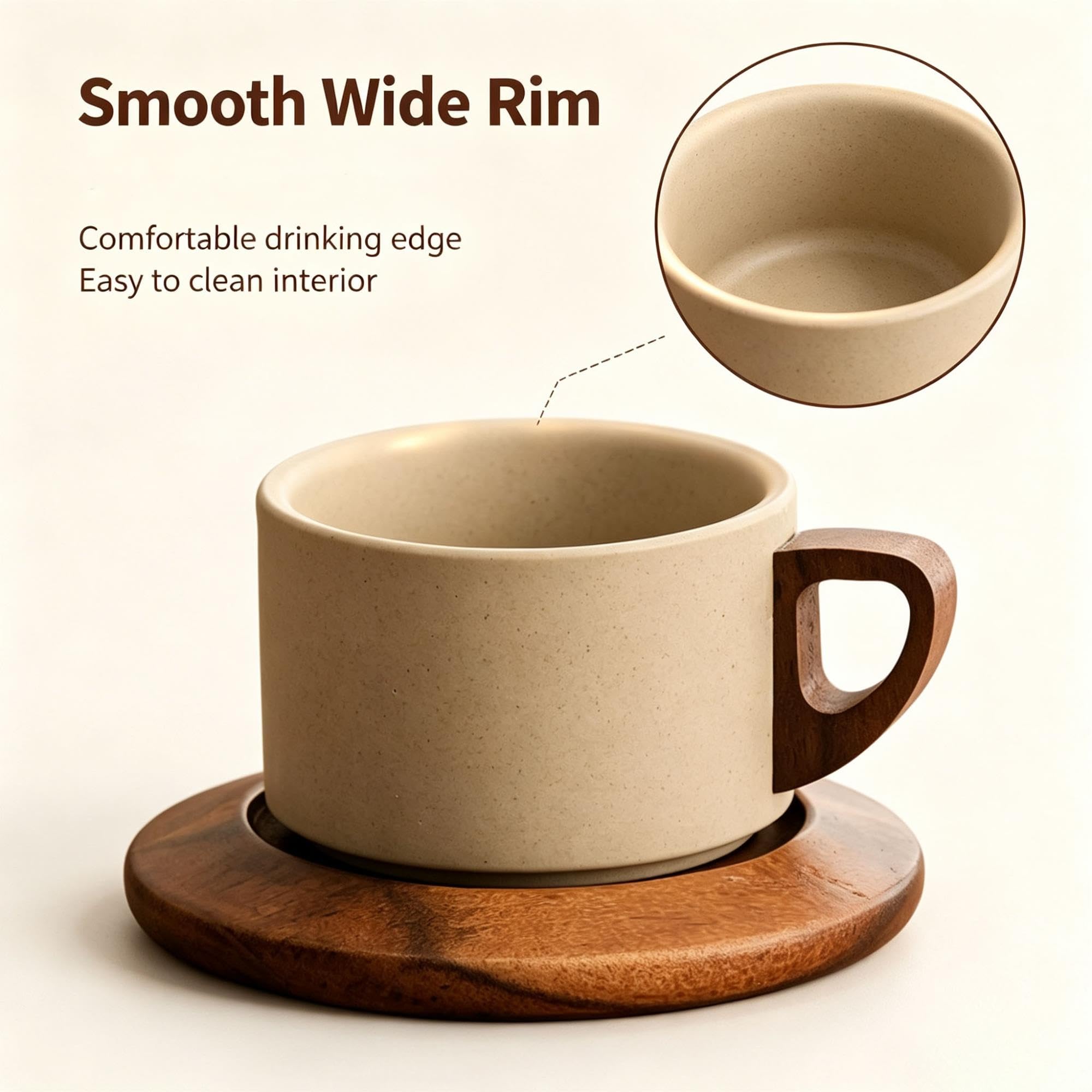 Tasse à café rétro, tasse à café en porcelaine, avec sous-verres en bois