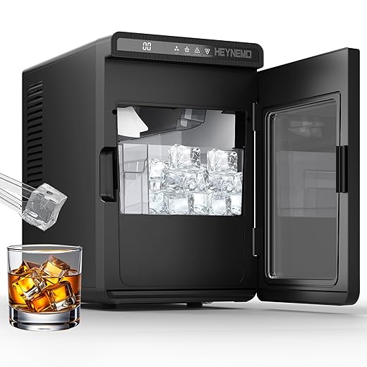 Heynemo Portable Ice Maker Machine: Countertop Ice Maker with 1.6" Large Square Cubes, 10-Min Fast Ice Production, Electric Ice Maker with Self-Cleaning, LED Display & Timer for Home, Bar, RV, Black