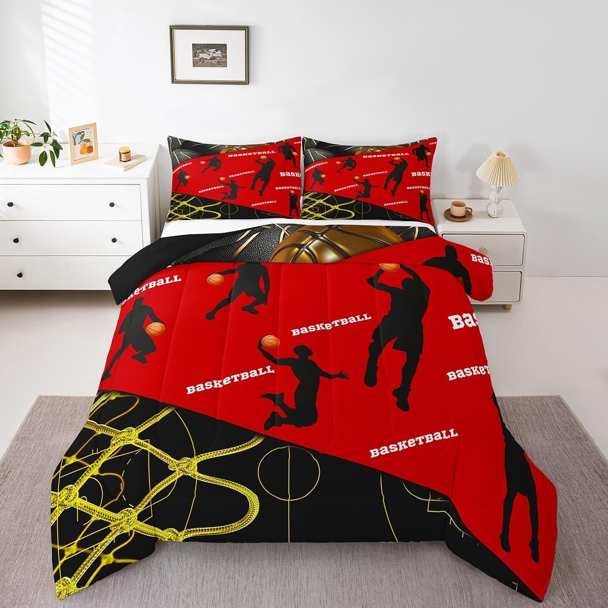 Erosebridal Basketball Comforter Set Twin,Sports Themed Black and Red Bedding Set for Big Fans of Basketball Home Room Decor,Ball Game Court Player Duvet Insert with 1 Pillowcase Warm