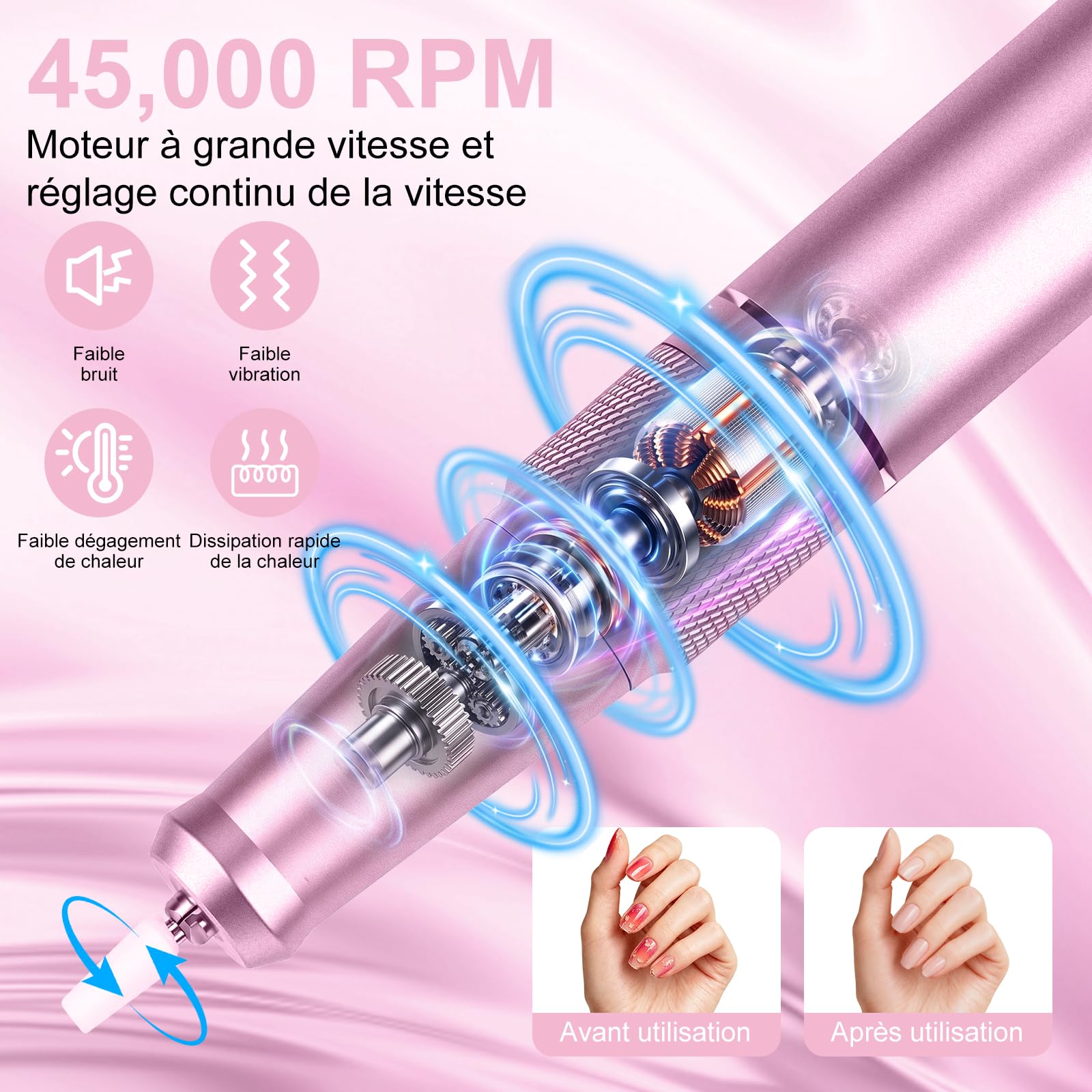 Ponceuse pour Ongles Professionnelle 45000 RPM,12 en 1 Lime a Ongle Electrique Portable,Ponceuse Ongles avec Écran LCD & Support,Lime à Ongle Electrique Silencieux,Conçu pour Les Salon,(Rose)