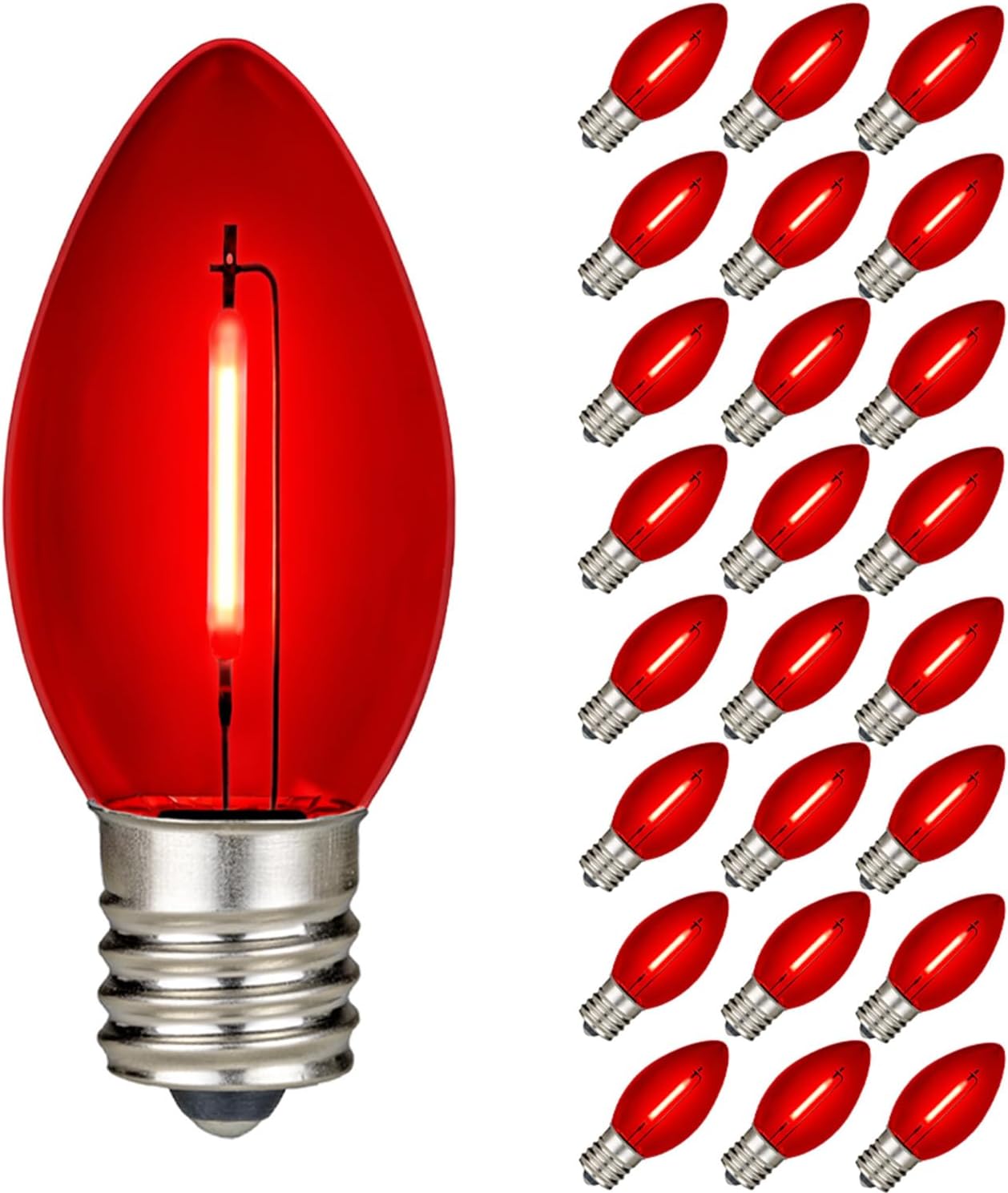 Novelty Lights 25 Pack C9 LED Filament Bulbs, Red Shatterproof Plastic Replacement Christmas Lights, E17 Base for Indoor/Outdoor Strings, Dimmable, 0.6W 10,000 Hour Life