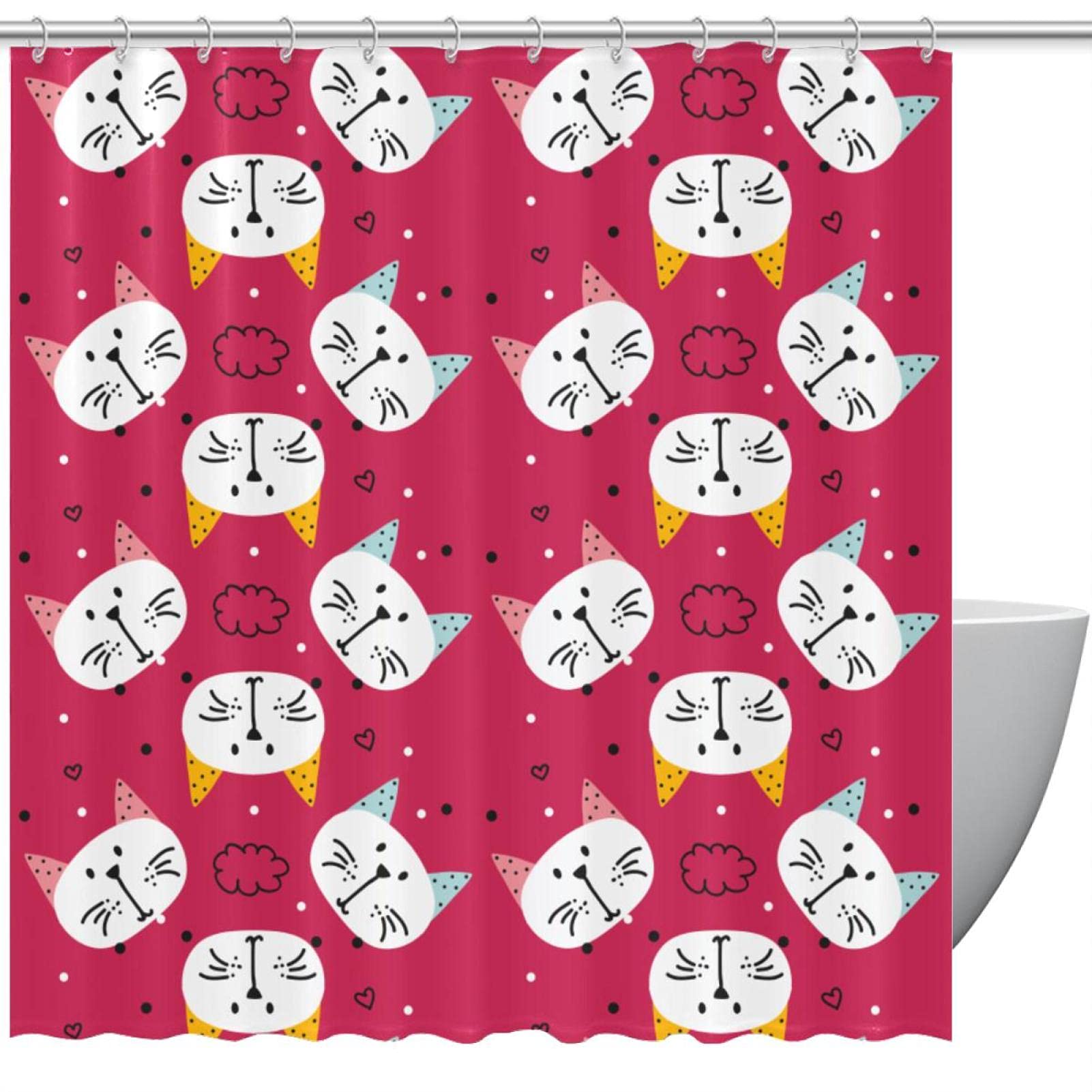 Rideaux de douche chats blancs 152x183 cm pour baignoire avec 12 crochets
