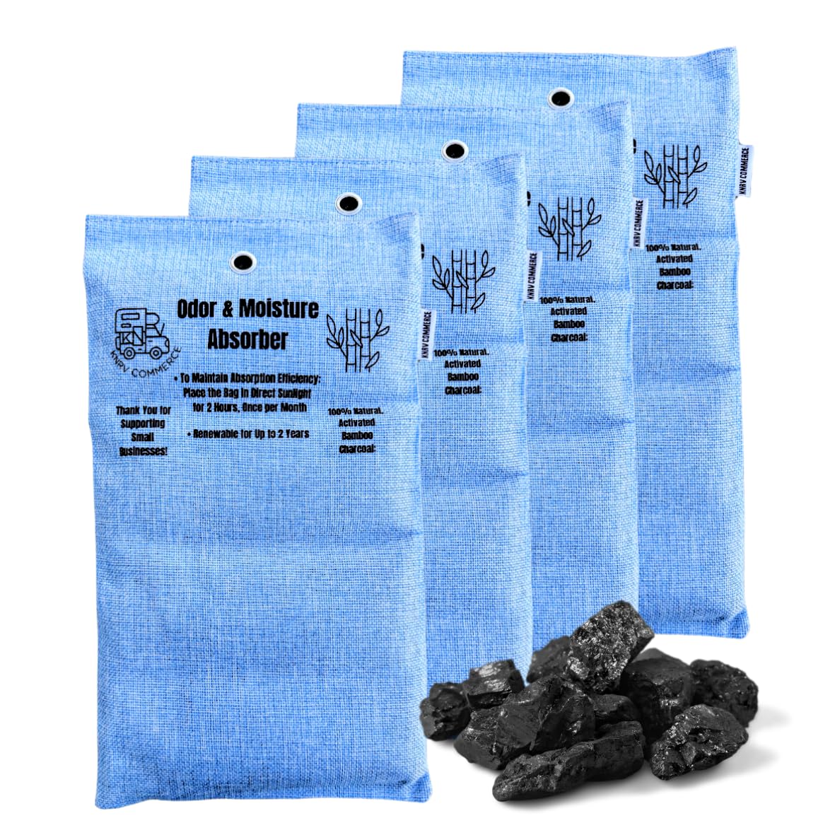 2000g: 4 Activated Charcoal Bamboo Air Purifier Bags: Odor Absorbers, Flat (Equal to 10 Small Bags) Remove Odor and Control Moisture in Your RV, Car, Truck, Closet, Camper, Storage, & More