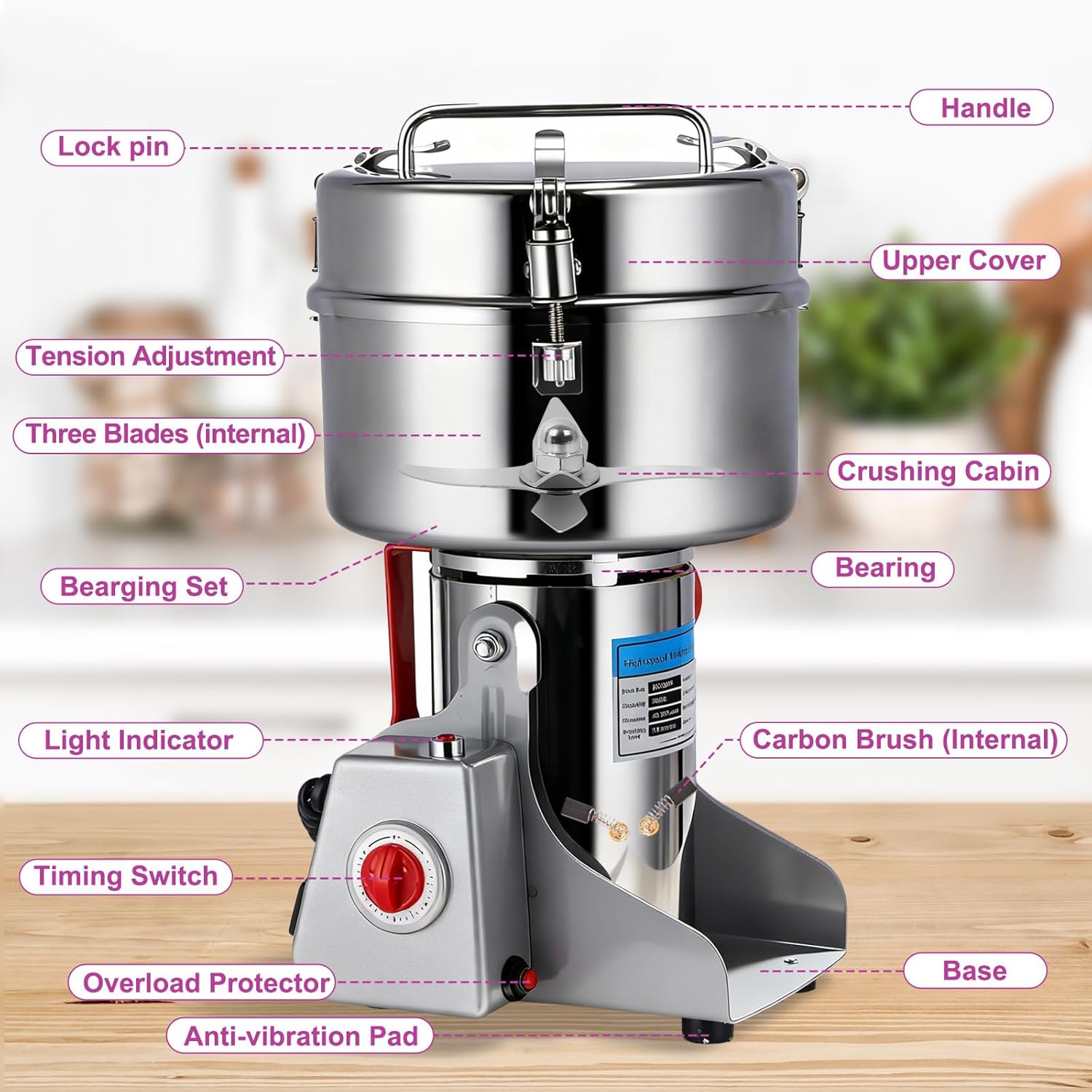 Grain Mill - 2500g High-Capacity Stainless Steel Grain Mill for Flour with 270° Swing for Easy Operation, Perfect for Kitchen and Coffee Shop to Grind Grains and Corn Efficiently