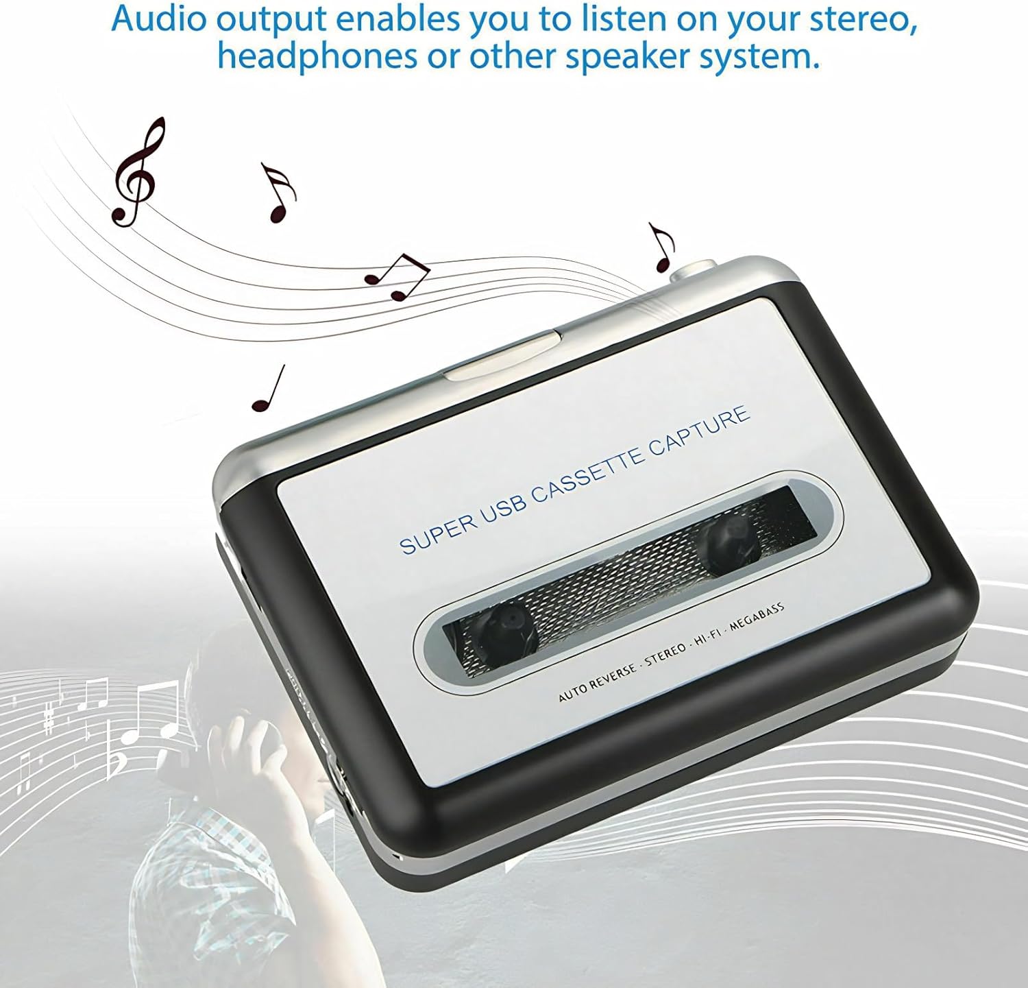 Cassette to MP3 Converter with USB Power Supply, Plug and Play Tape Player for MP3 Conversion, Includes Audacity Software