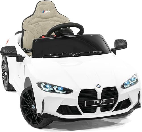 BMW M4 - Auto eléctrico con licencia oficial para niños con reproductor USB MP3, batería de 12 V, luces LED, ruedas de goma de espuma EVA (blanco)