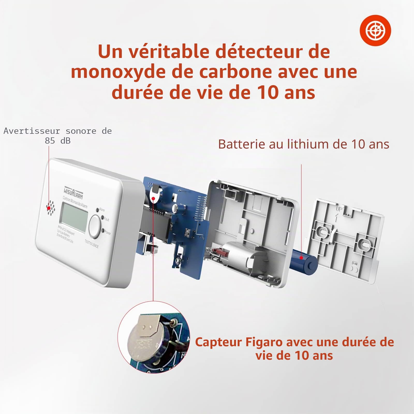 Wisualarm HY-GC20B Détecteur de monoxyde de Carbone autonomie 10 Ans à Pile(s) Gaz détecté monoxyde de Carbone