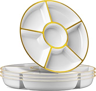 Plasticpro 6 Sectional Round Plastic Serving Tray/Platter (2, White & Gold)