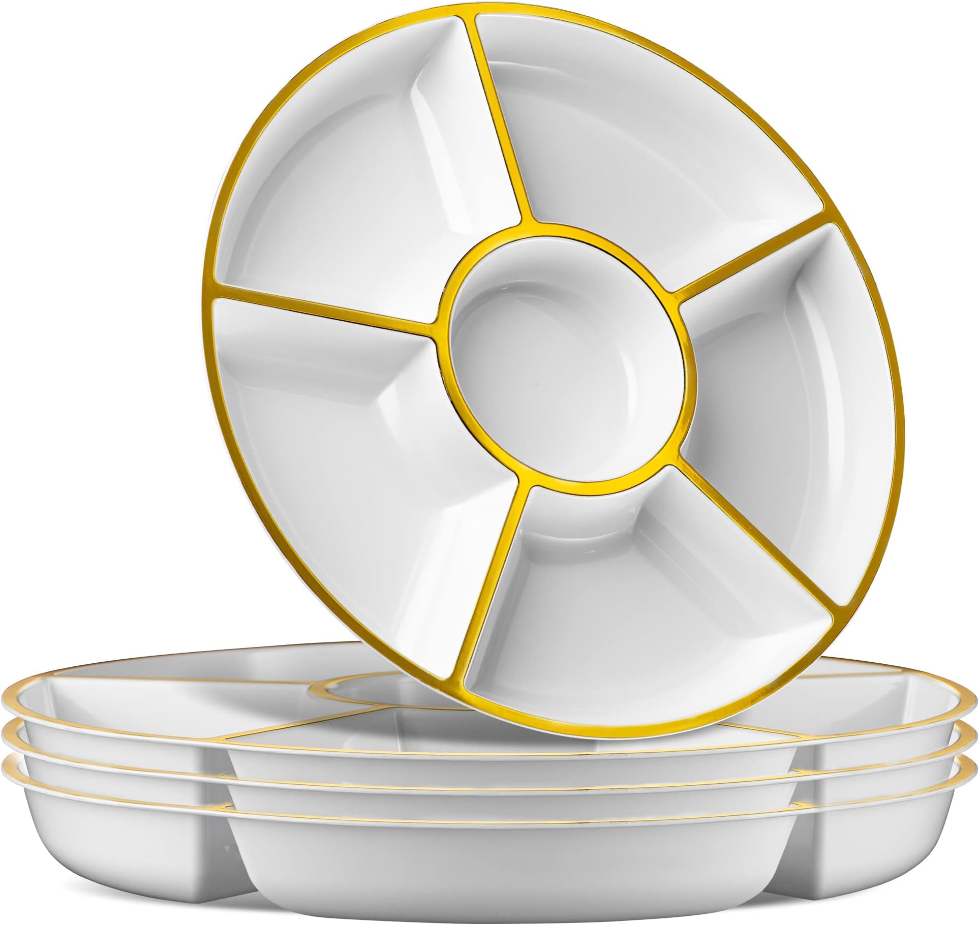 PLASTICPRO6 Sectional Round Plastic Serving Tray/Platter, Serving Dishes (8, White & Gold)
