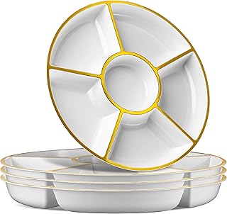 Plasticpro 6 Sectional Round Plastic Serving Tray/Platter (2, White & Gold)