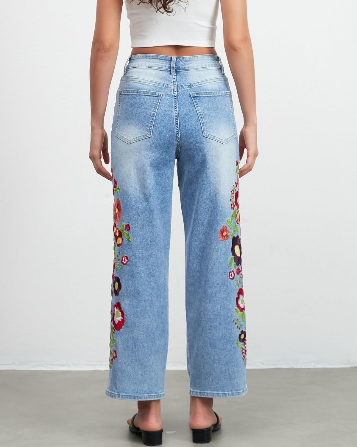 Straight Leg Cropped Jeans for Women Trendy Mid Rise Floral Print Boho Casual Denim Ankle Pants - Image 2