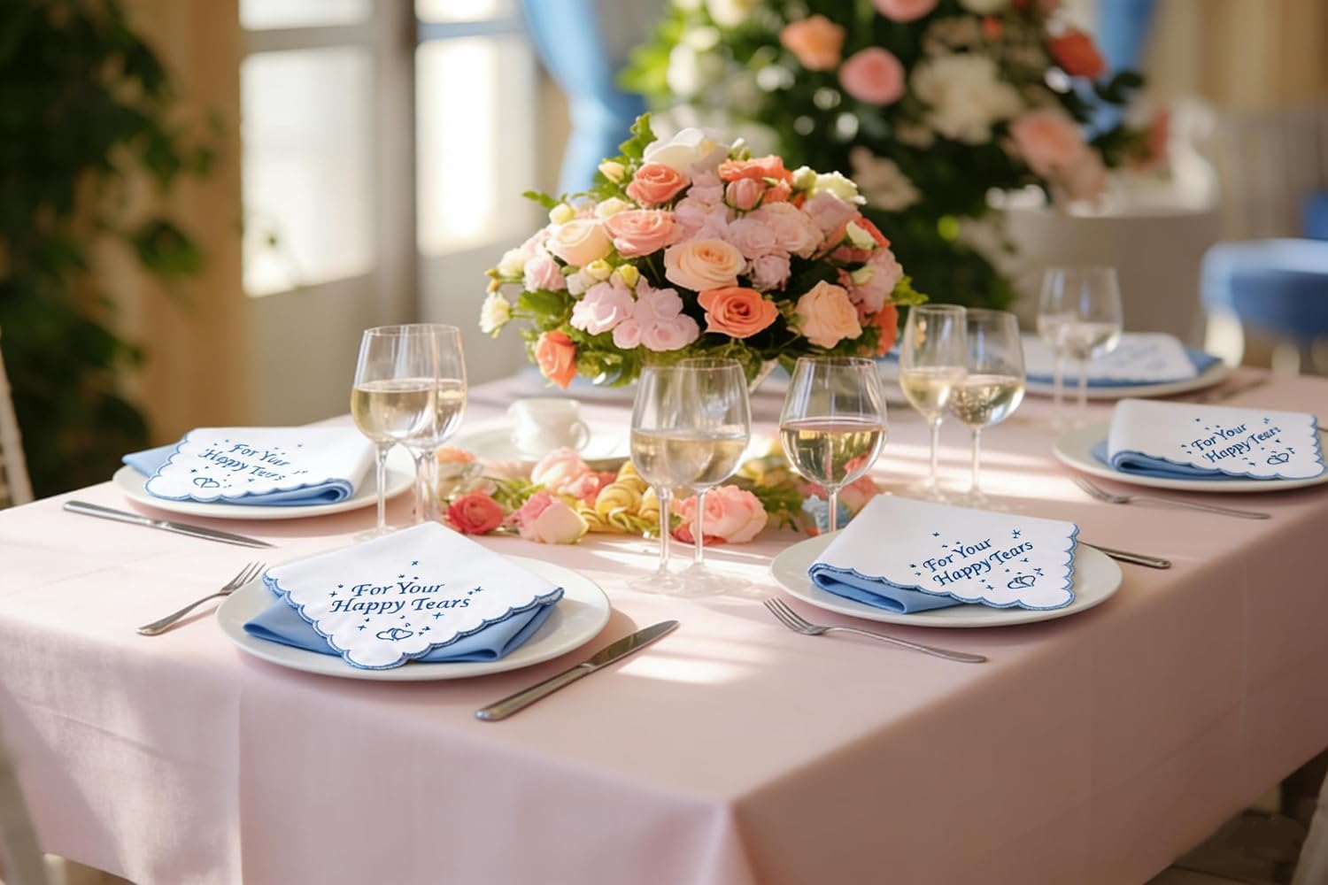 Embroidered “Tears of Joy” handkerchief, perfect for weddings; a “something blue” gift for the bride;