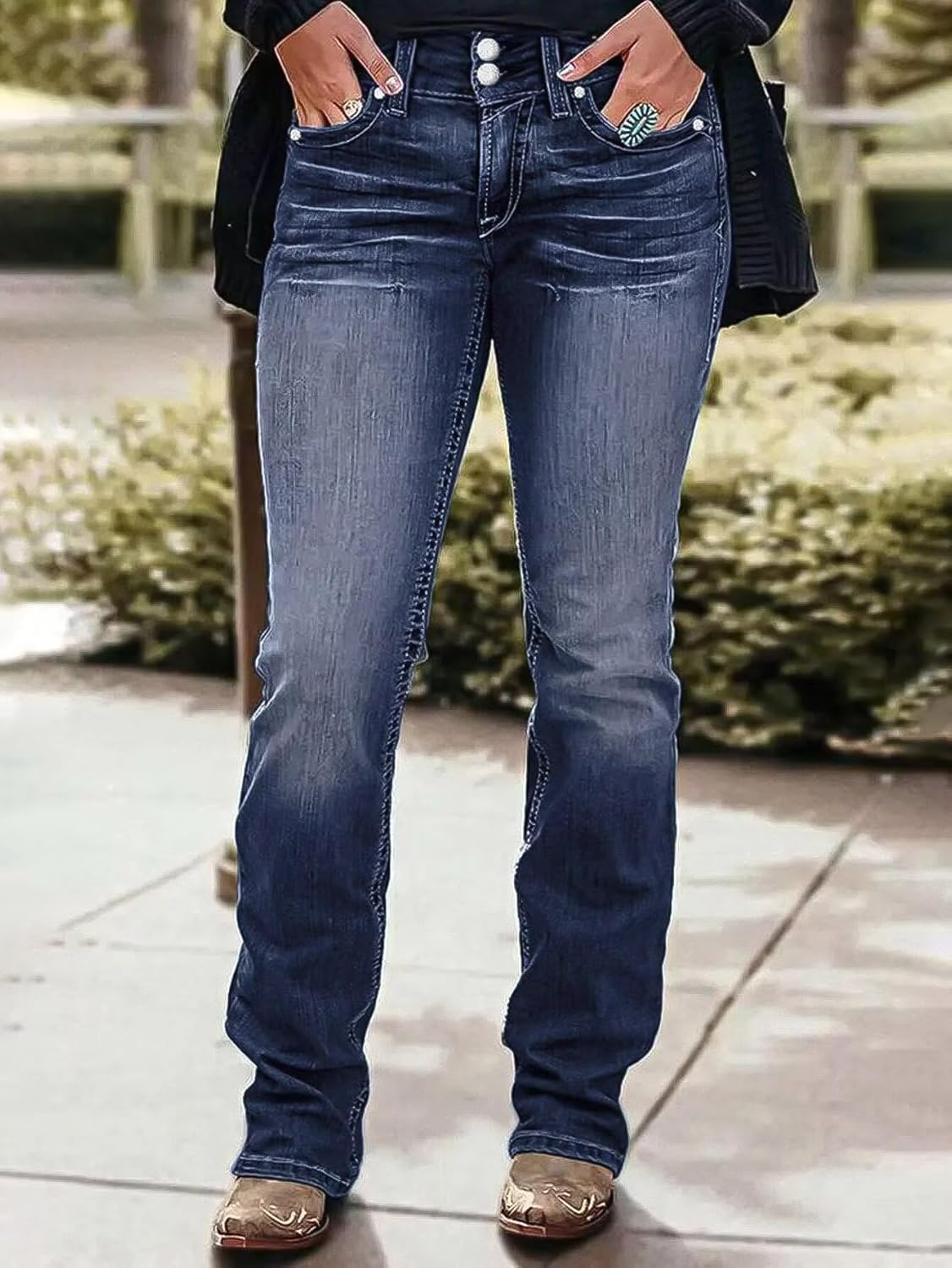 Flamingals Boot Cut Jeans for Women Mid Waist Tummy Control Trendy Flare Jeans Straight Denim Pants - Image 2