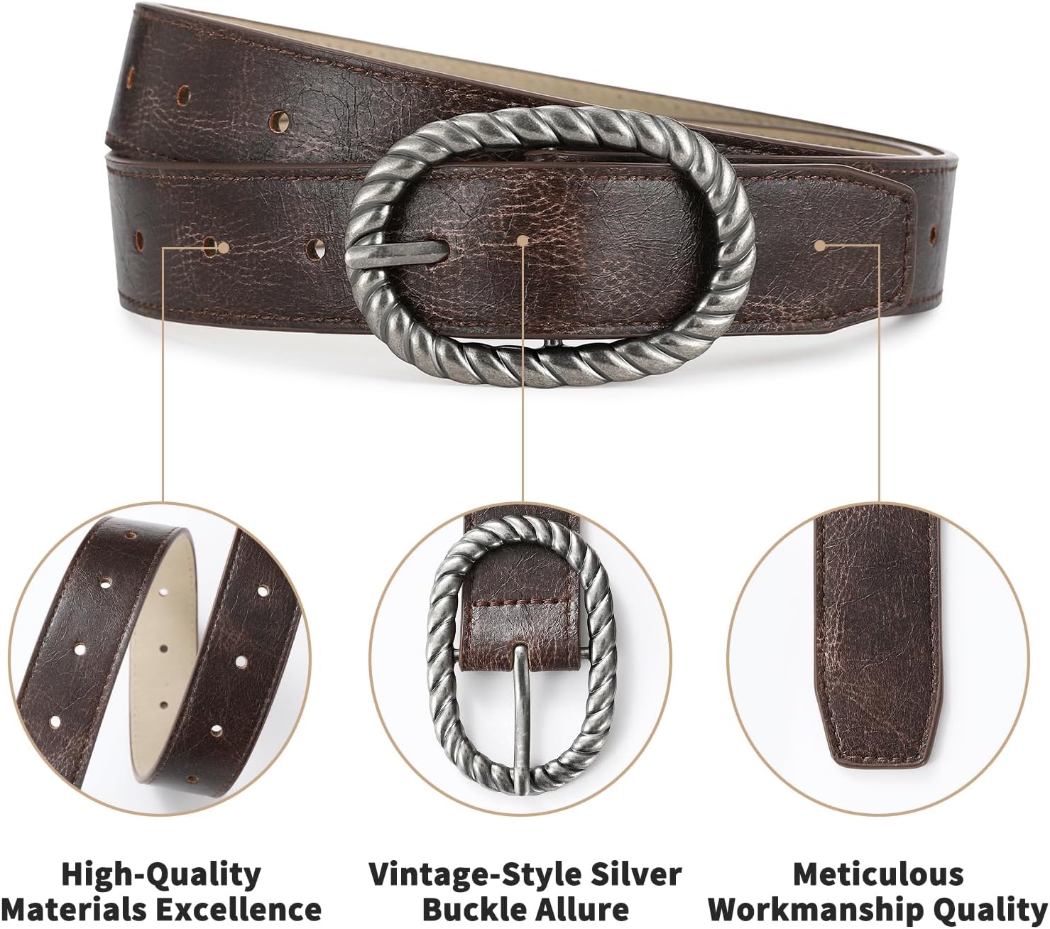 Brown Belt for Women Vintage Silver Buckle Leather Belt Waist Belt for Women Perfect for Jeans Dresses - Image 4