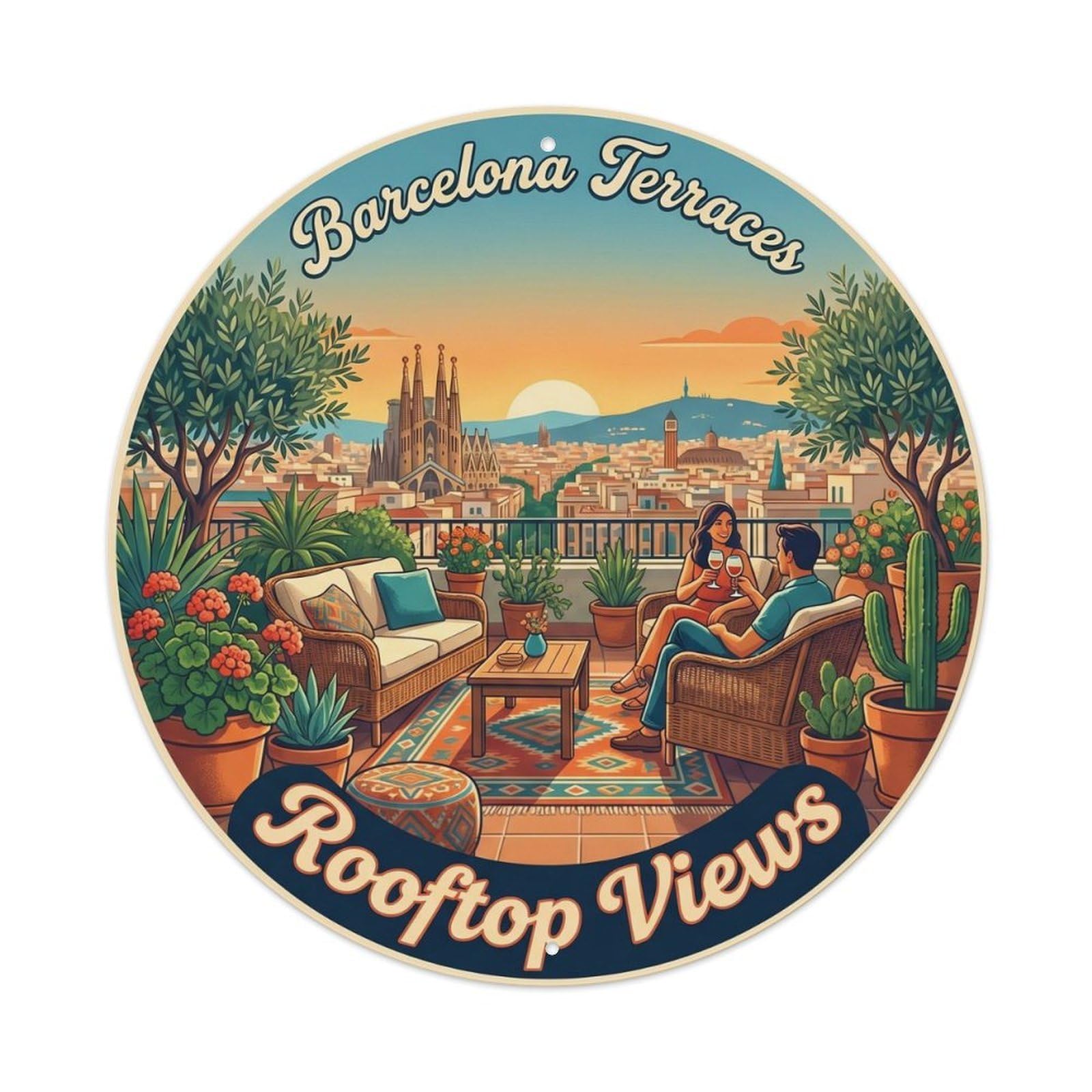 Vintage Travel Barcelona Terrace Spanish Rooftop Metal Tin Sign Plaque Wall Decor for Cafe, Club, Garden Round Metal Poster 8x8Inch