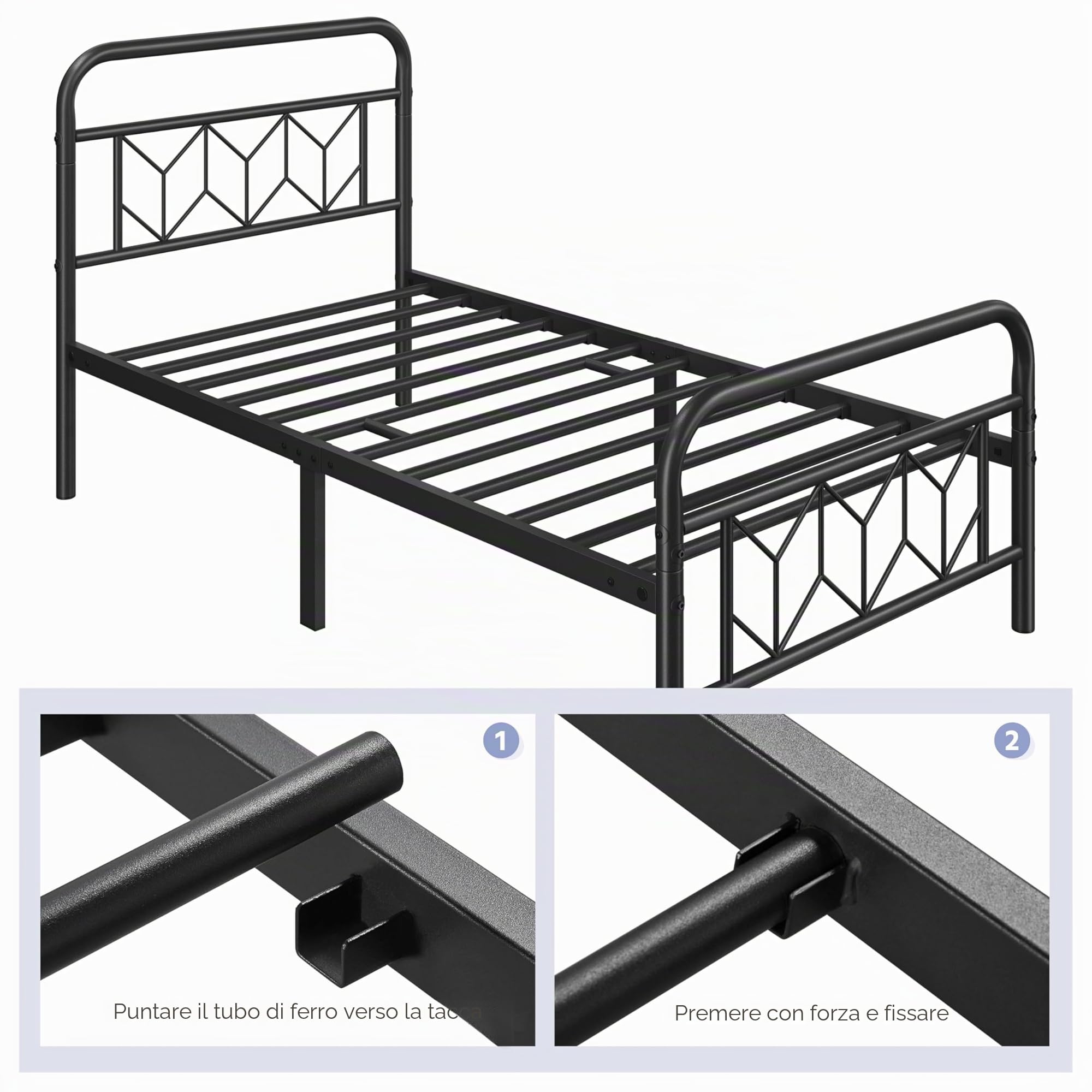 Yaheetech Struttura Letto Singolo in Ferro Battuto a Doghe Testiera a Rombi 90 x 200 cm in Metallo Camera Nero