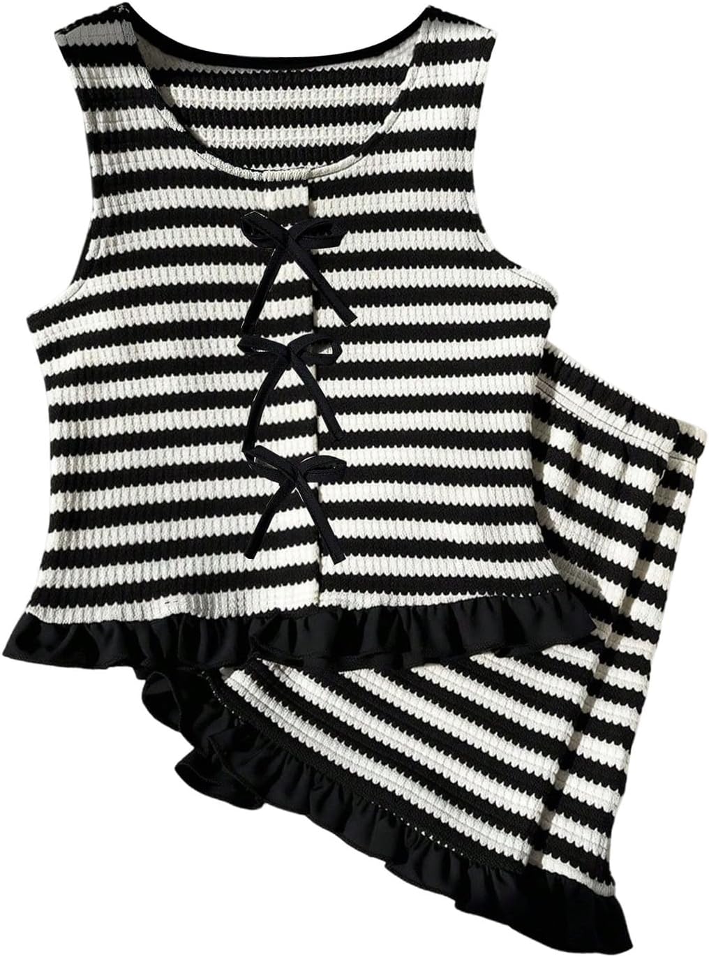 SOLY HUX Girl's 2 Piece Outfits Striped Bow Ruffle Sleeveless Tank Tops and Shorts Casual Summer Clothing Sets