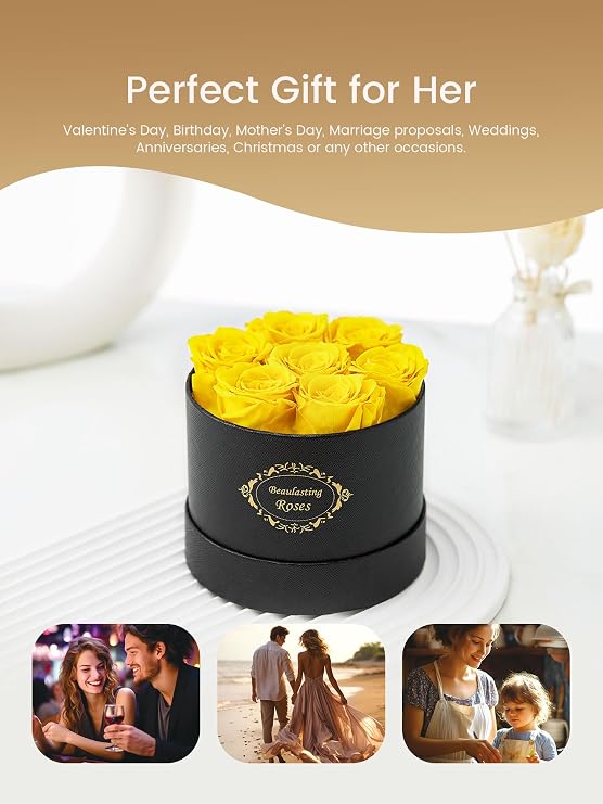 Rosebox Preserved Rose 1 Year Black Round Box 7 Yellow Rose