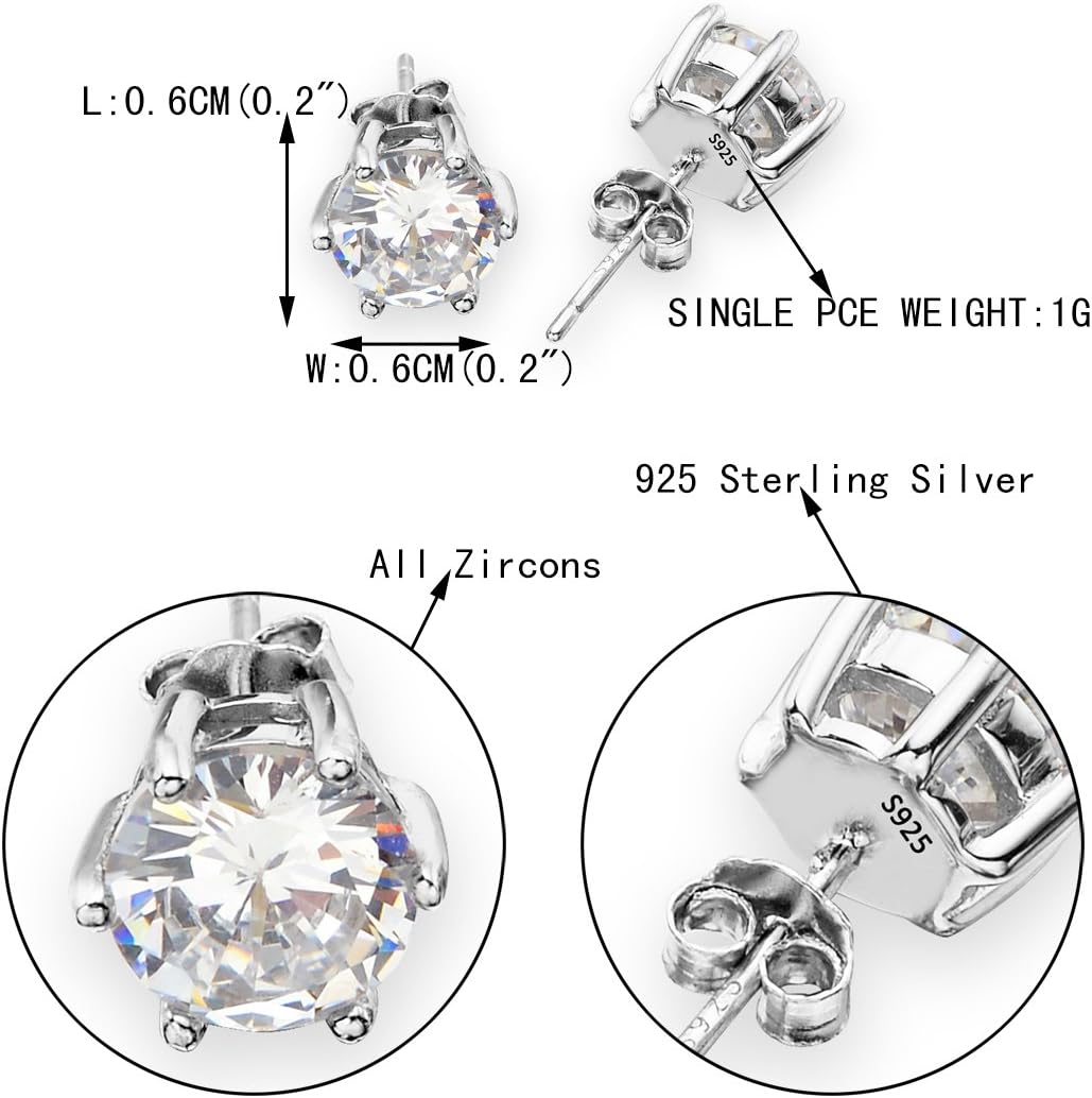 EVER FAITH 925 Sterling Silver Prong Round Cubic Zirconia Unisex Pierced Stud Earrings Clear - Image 4