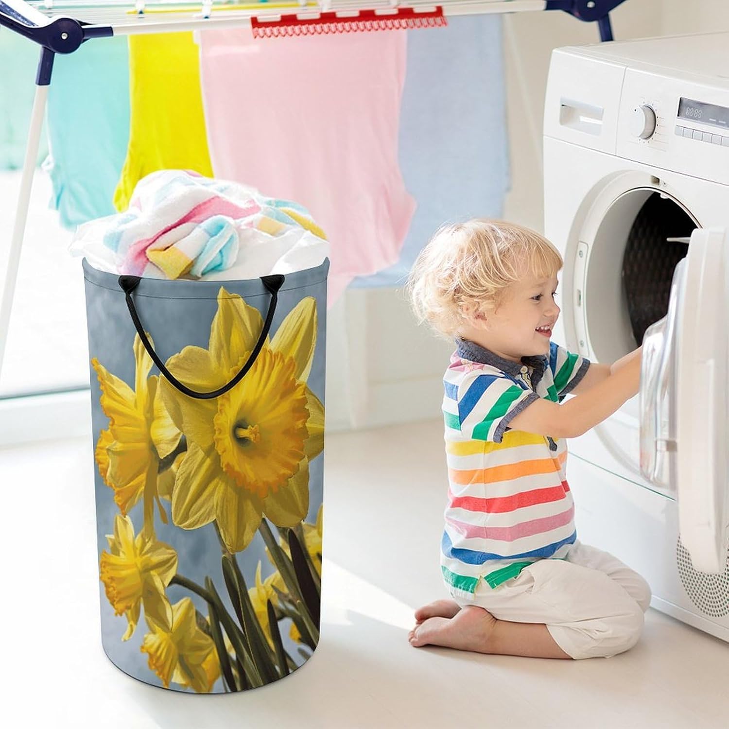Large Laundry Hamper with Handles Yellow Daffodil Laundry Basket Freestanding Waterproof Clothes Hamper for Living Room Bedroom Bathroom College Dorm