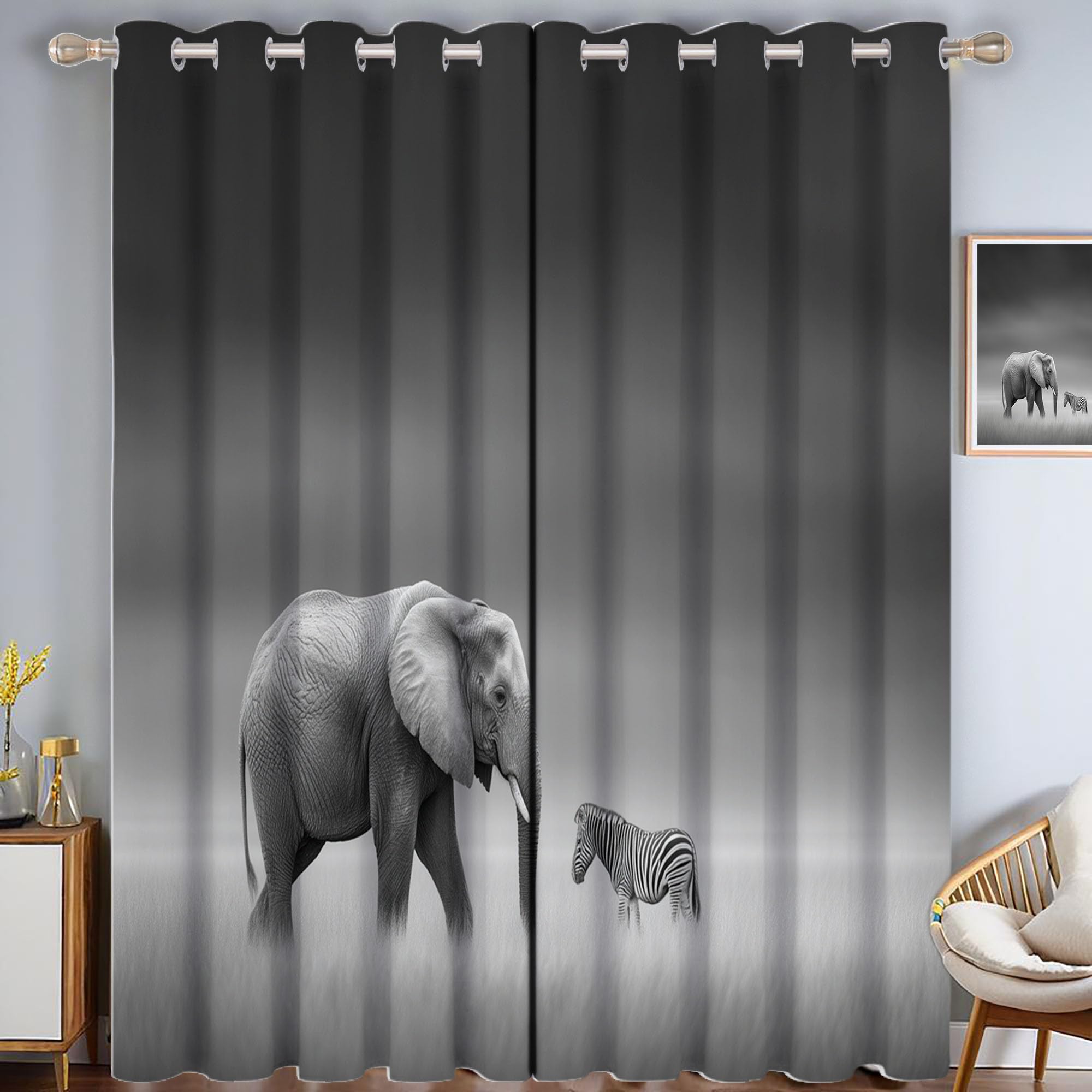 Rideau occultant gris imprimé savane 140x240 cm pour salon et chambre | Lot de 2