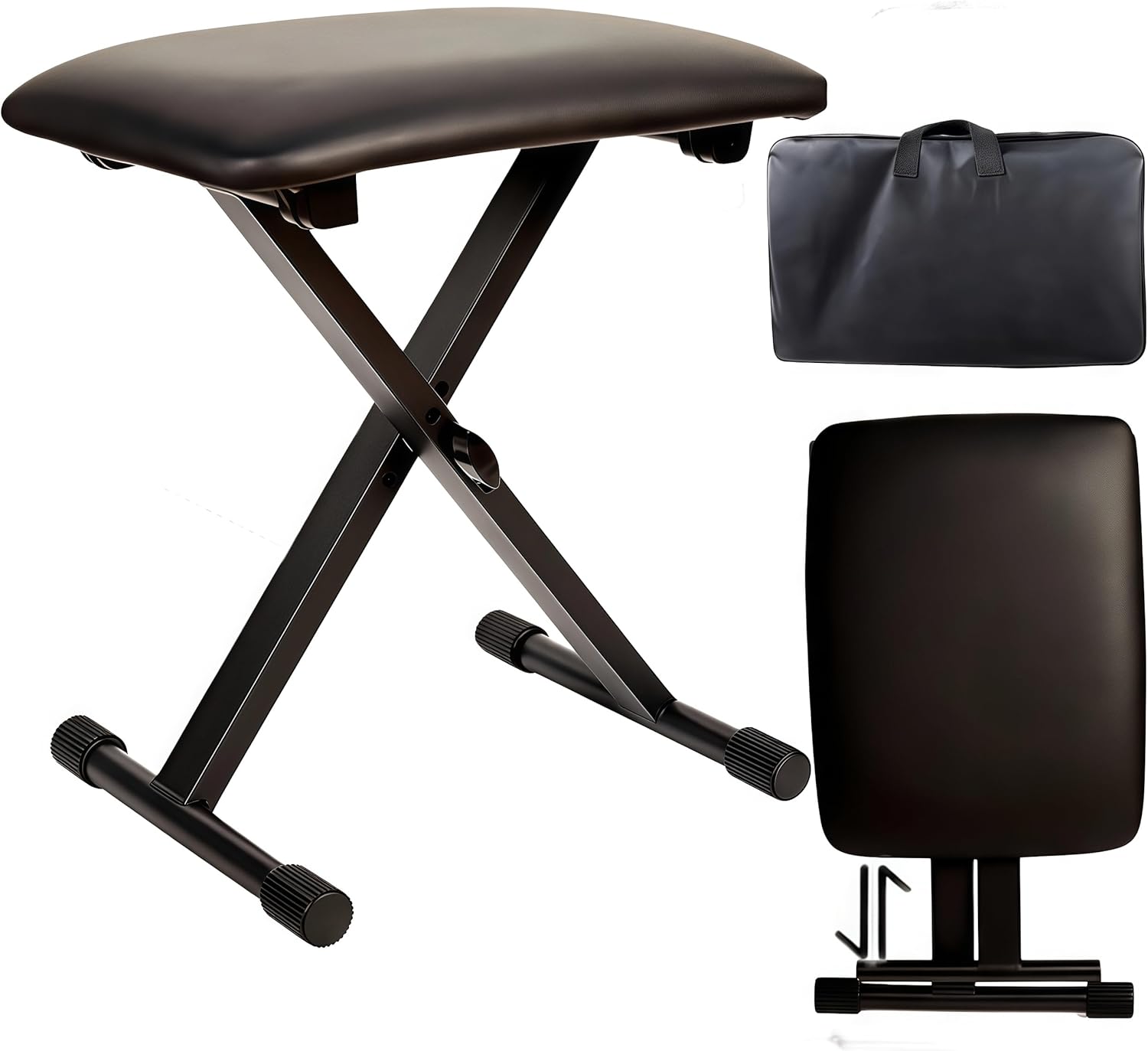 Adjustable Keyboard Bench, Folding Piano Stool Chair with 2.4" Thick Padded Seat, Portable Height Adjustable Organ Synthesizer Bench, Non-Slip Rubber Feet - Black