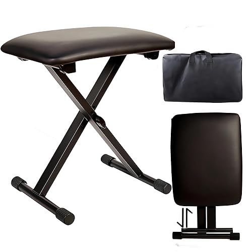 GSLDSBZC Adjustable Keyboard Bench, Folding Piano Stool Chair with 2.4" Thick Padded Seat, Portable Height Adjustable Organ Synthesizer Bench, Non-Slip Rubber Feet - Black