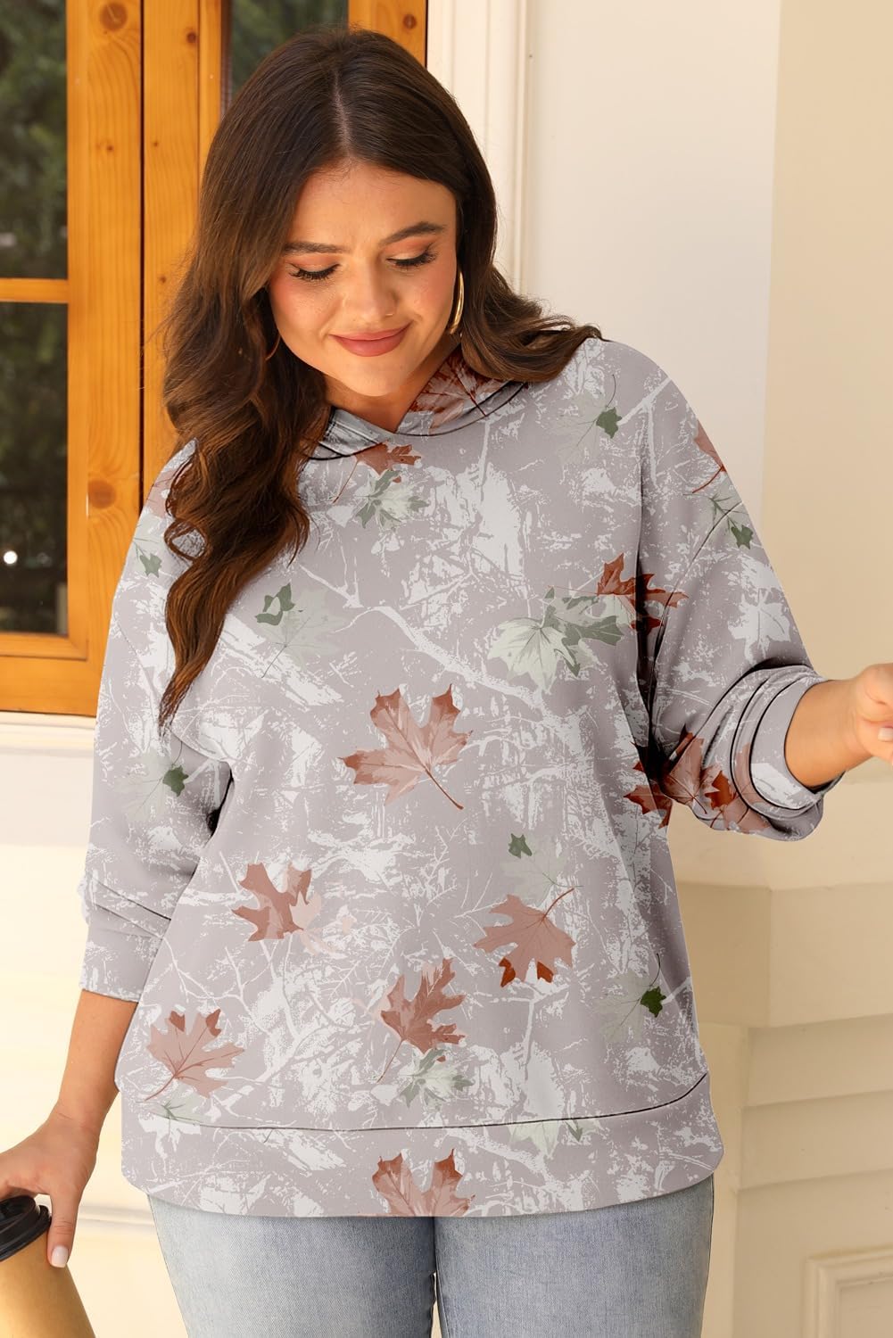 AlvaQ Plus Size Sweatshirt for Women Oversized Hoodie Fall Maple Leaf Print Pullover Hooded Tops Outfits L-4X - Image 2