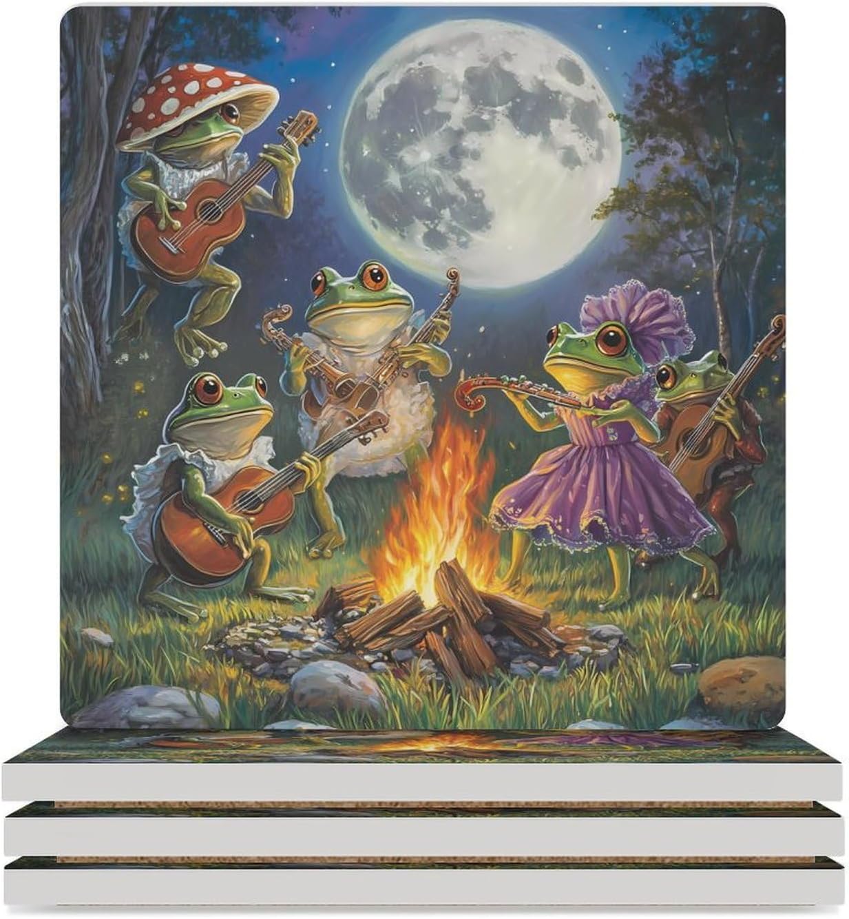 Frog Bonfire Party Under The Moon Coasters for Drinks Square Ceramic Coasters Cup Mats with Cork Base