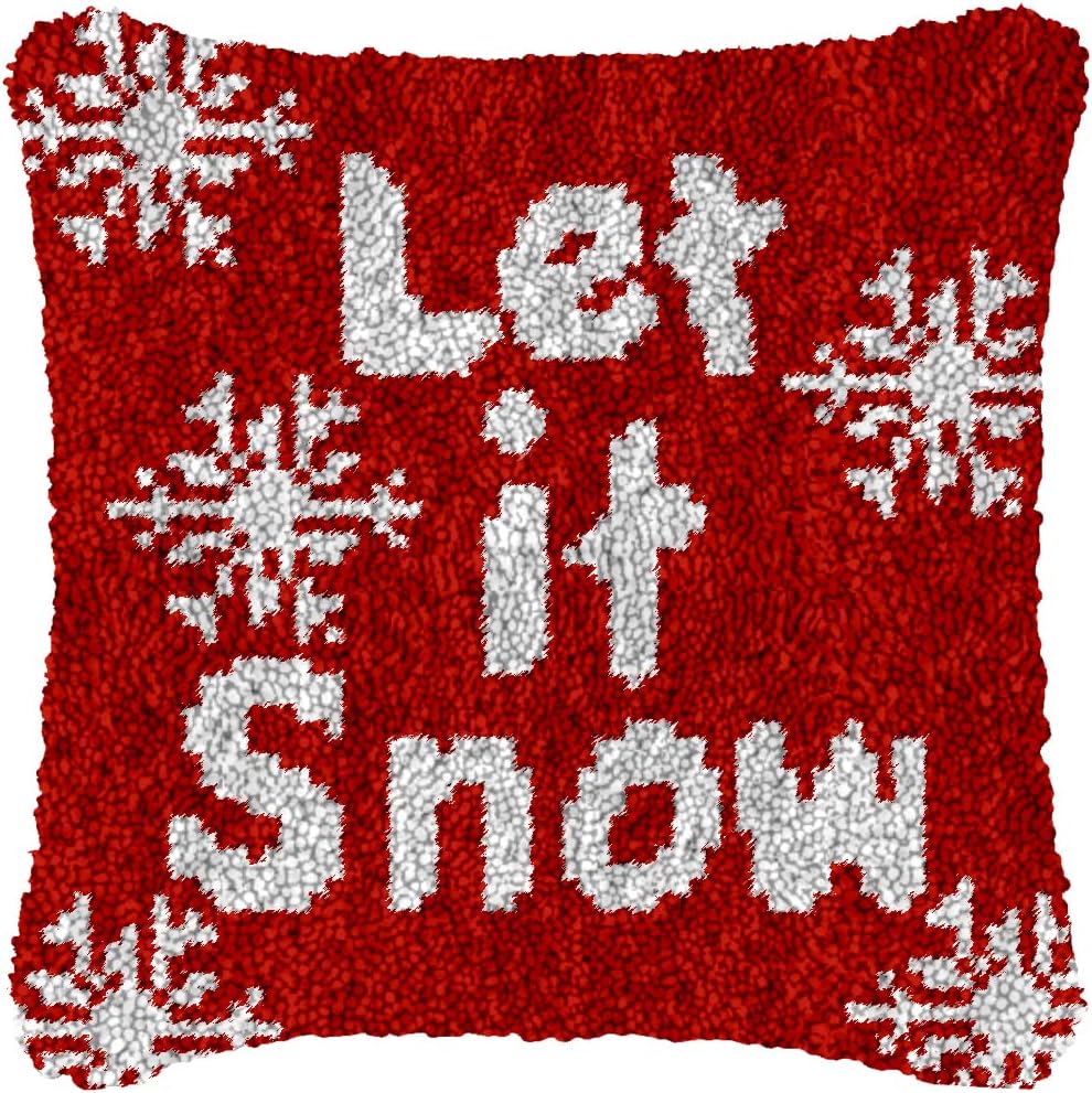 Red Christmas Let it Snow Latch Hook Pillow Kits for Adults and Kids Beginner Handmade Needle Crochet Yarn Kits Embroidery Cushion Hook and Latch Kit Pillow Cover Rug Home Sofa Decoration 43x43cm(14)