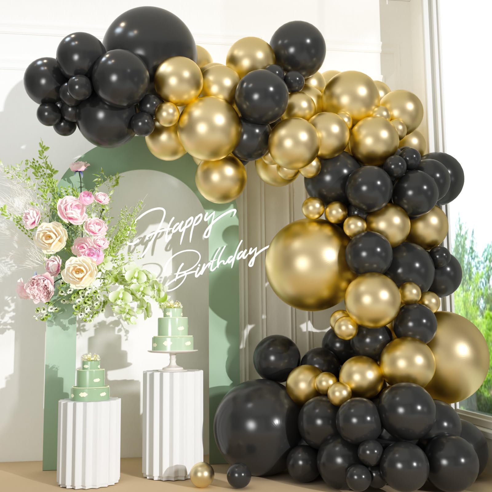 Photo 1 of 110pcs Black and Gold Balloons, 18/12/10/5 Inch Metallic Gold and Black Balloons for Graduation 2026, Wedding, Birthday, NYE, Christmas Party Decorations