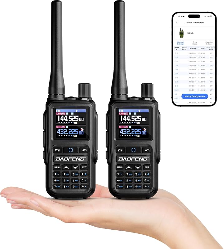 Baofeng GT-5R Mini Radio portatile 5W a doppia banda, Walkie Talkie UHF VHF compatto con programmazione tramite App BT, 999 canali, Doppio PTT, USB-C, Ricevitore Airband/FM, Torcia, Confezione da 2