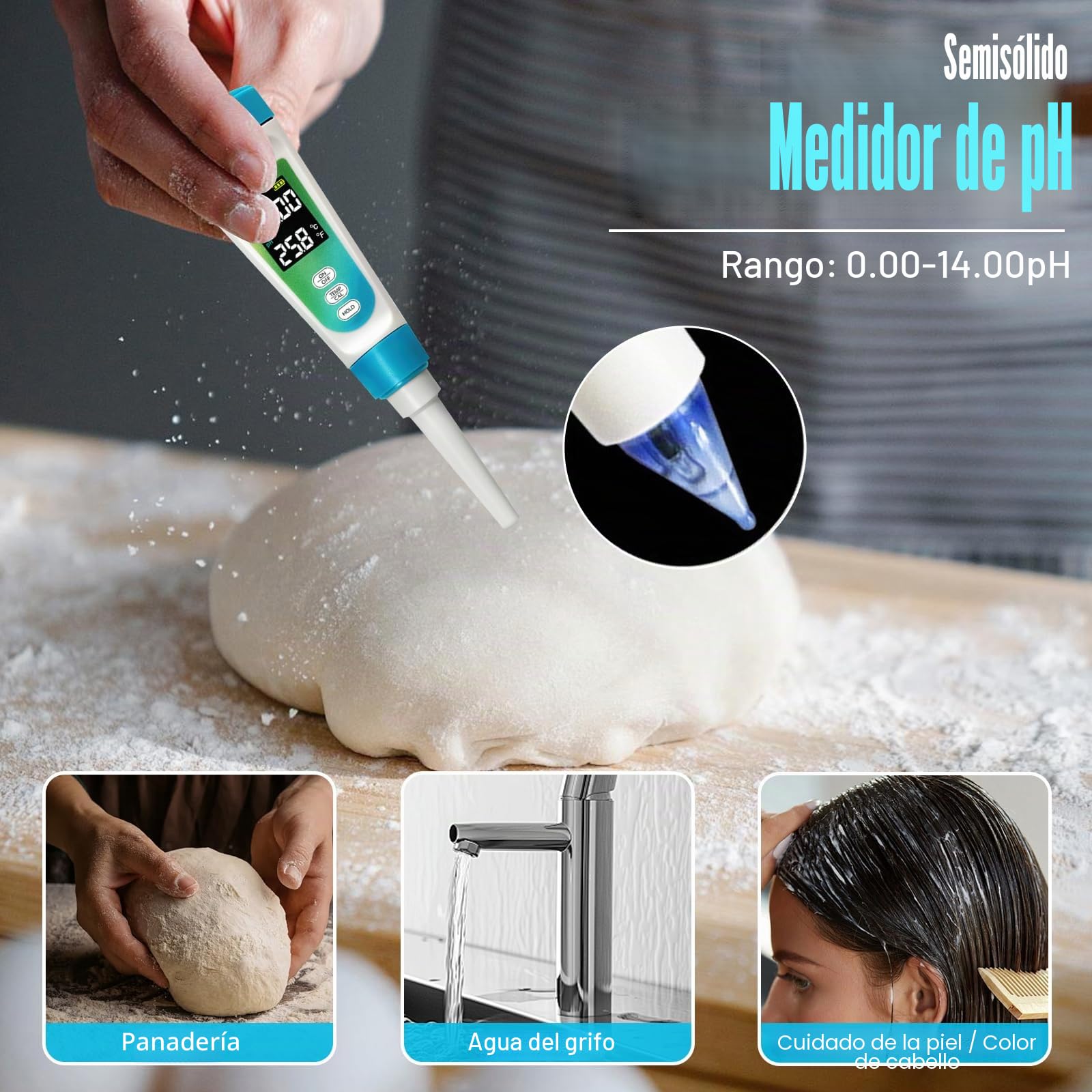 Medidor de pH Alimentos, Medidor de pH Digital con Pantalla LCD Retroiluminada y ATC, phmetro Semisolidos y Liquido para Agua, Queso, Madre, conservas, Carne y muestras sólidas
