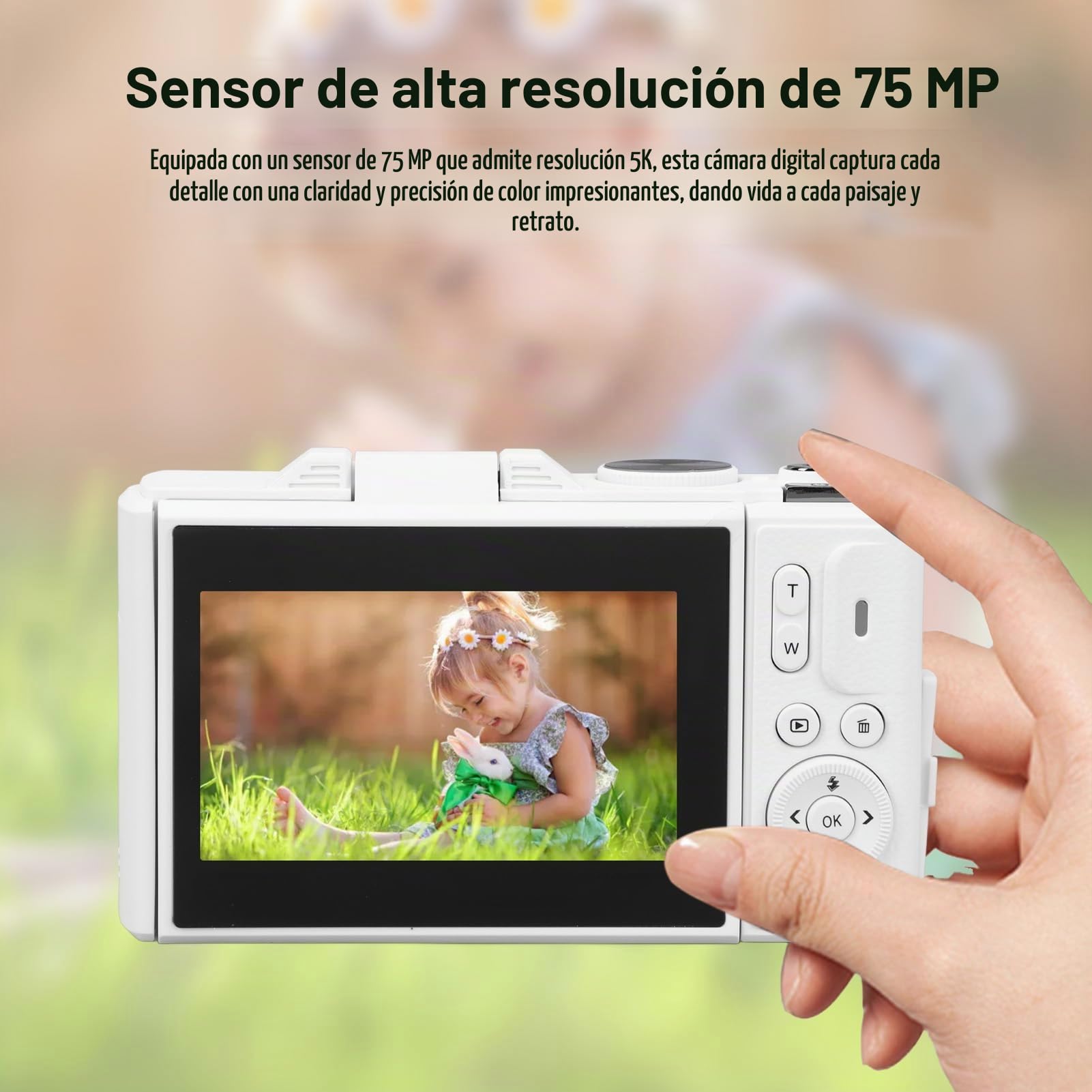 5K Cámara Digital para Fotografía, 75MP HD Vlogging Cámara con 3" 180° Flip Pantalla, 18X Zoom Digital, Auto Focus, Anti-Shake, Filtro, Viajes Videocámara para Principiantes (Black) (White)