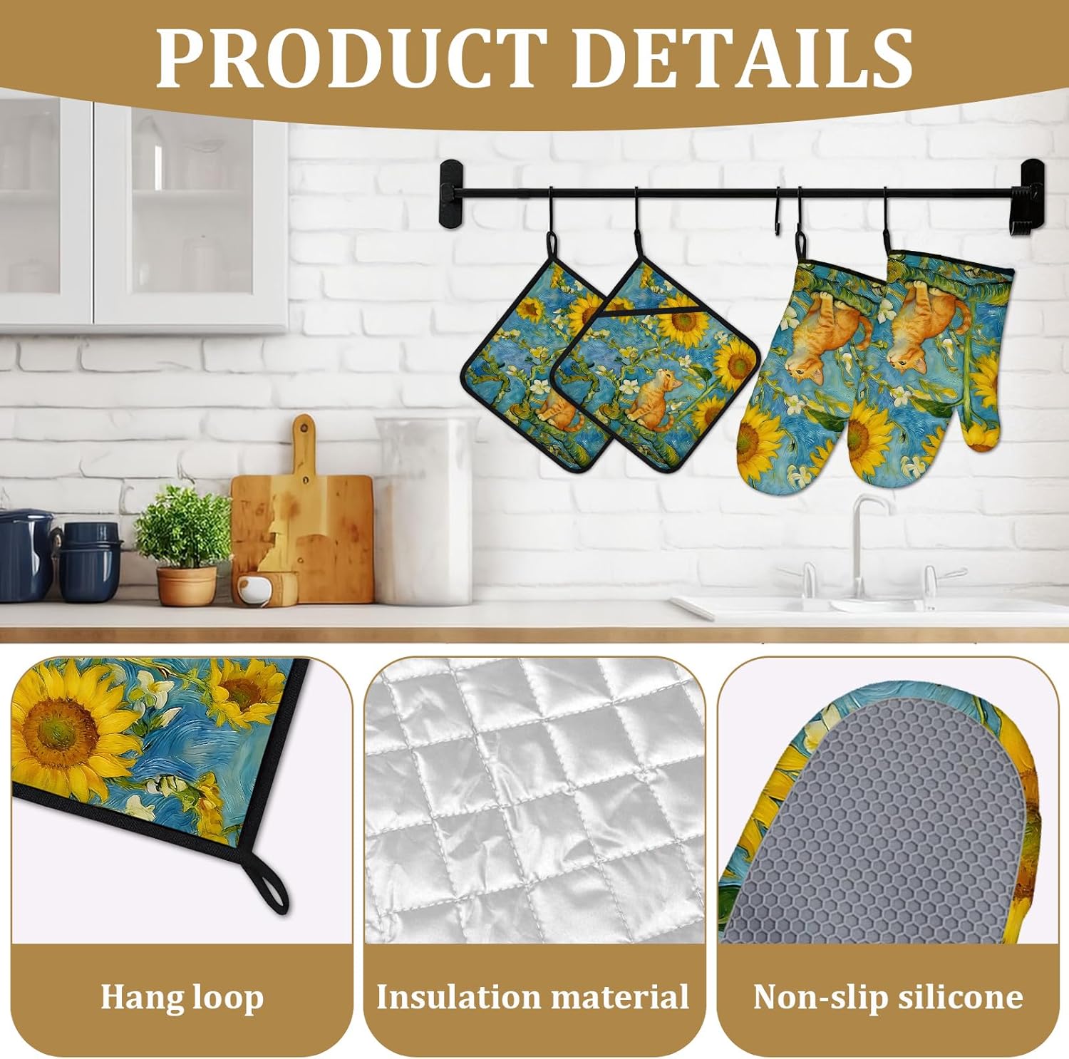Cute Sunflower Cat Oven Mitts and Pot Holders Sets 4Pcs Animal Floral Silicone Kitchen Gloves Heat Resistant Potholders for Baking Cooking Grilling BBQ