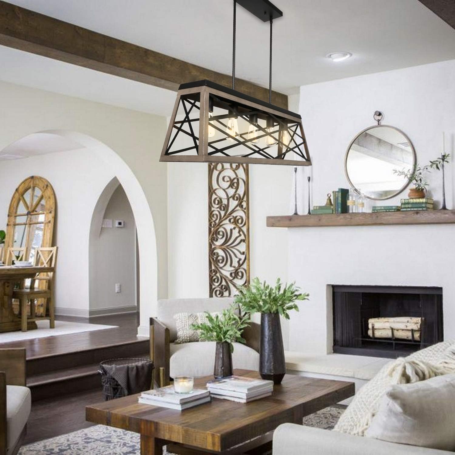 hykolity 5-Light Kitchen Island Pendant Lighting, Farmhouse Dining Room Light Fixtures, 35 inch Linear Chandelier W/ Black & Wood Painting, ETL Listed - - 