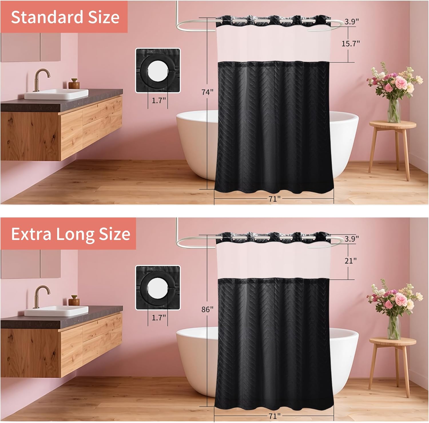 Hookless Shower Curtain with Snap in Liner 71" x 86" Double-Layer Waterproof Polyester Shower Curtain for Bathroom or Hotel Use,Removable Liner,Magnetic Hem,Large Rings,Machine Washable,Black