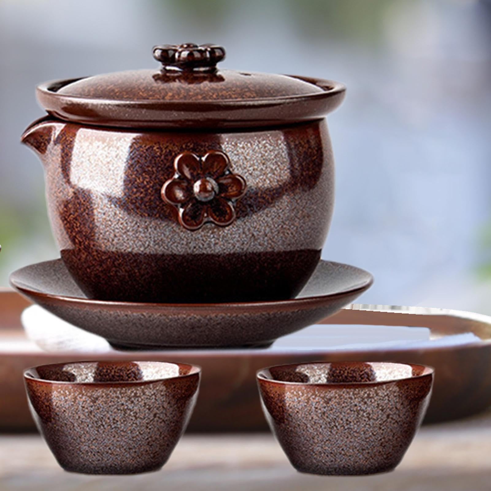 Juego de té para viajes, compacta de cerámica con tazas antiquemaduras | cristalería portátil para el hogar y la oficina con elegante bandeja, perfecta para , restaurantes y reuniones al