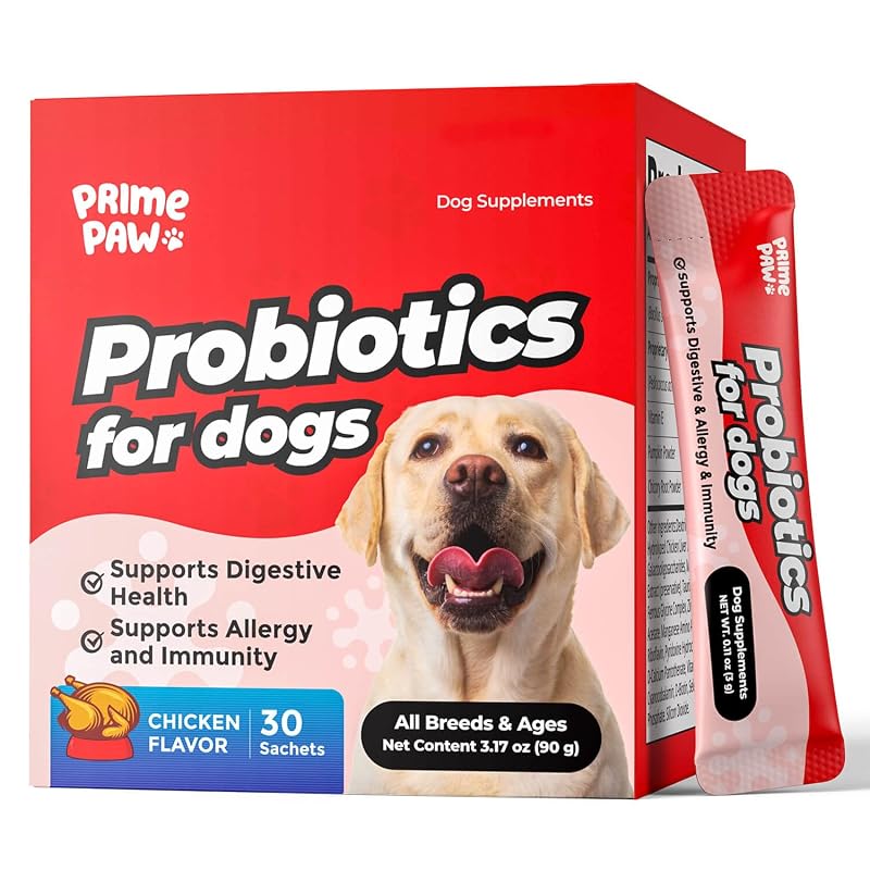 Suplemento probiótico em pó para cães com frango e enzimas digestivas PrimePaw, 30 sachês