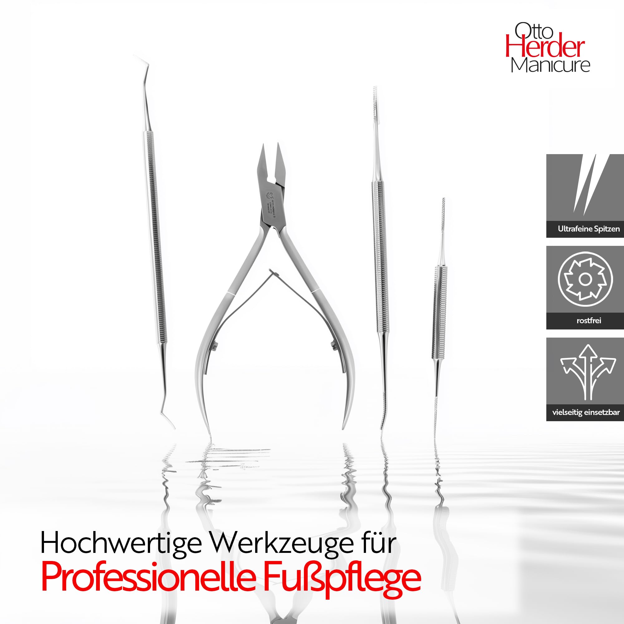 Otto Herder Manicure Pediküre Set aus Nagelzange, Eckenfeilen und Eckenheber, gegen eingewachsene Zehennägel, professionelles Nagelpflegeset aus Edelstahl