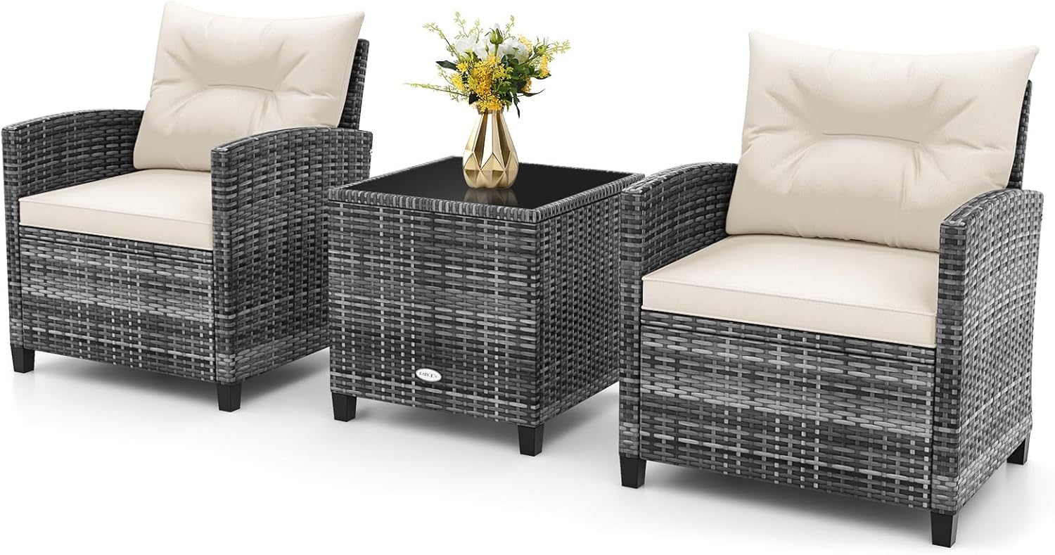 COSTWAY 3 Pieces Patio Rattan Bistro Set, Metal Frame Garden Coffee Table And Sofa Chairs Set